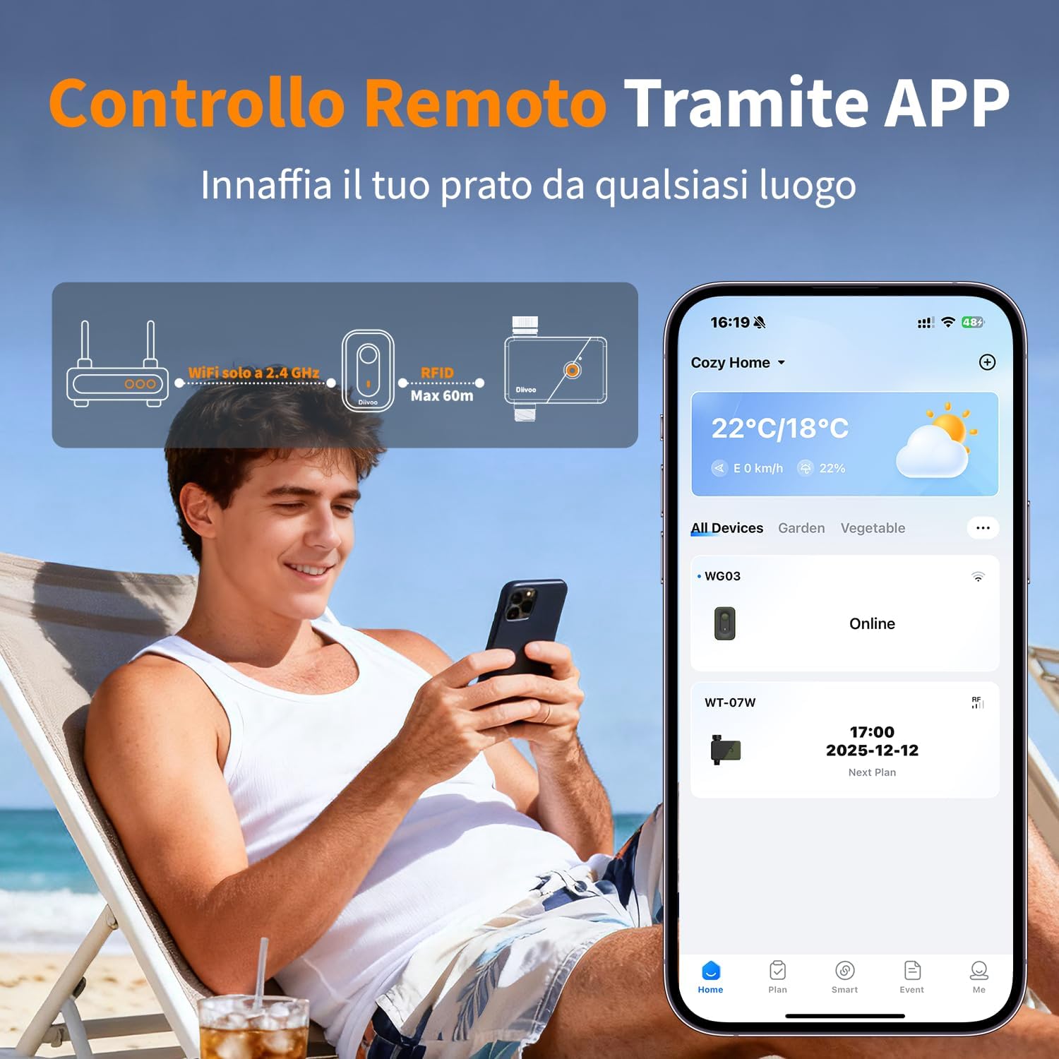 Thumbnail 2 de Diivoo Centralina Irrigazione WiFi con Ingresso/Uscita in Ottone – Controllo vocale e programmazione per Giardino