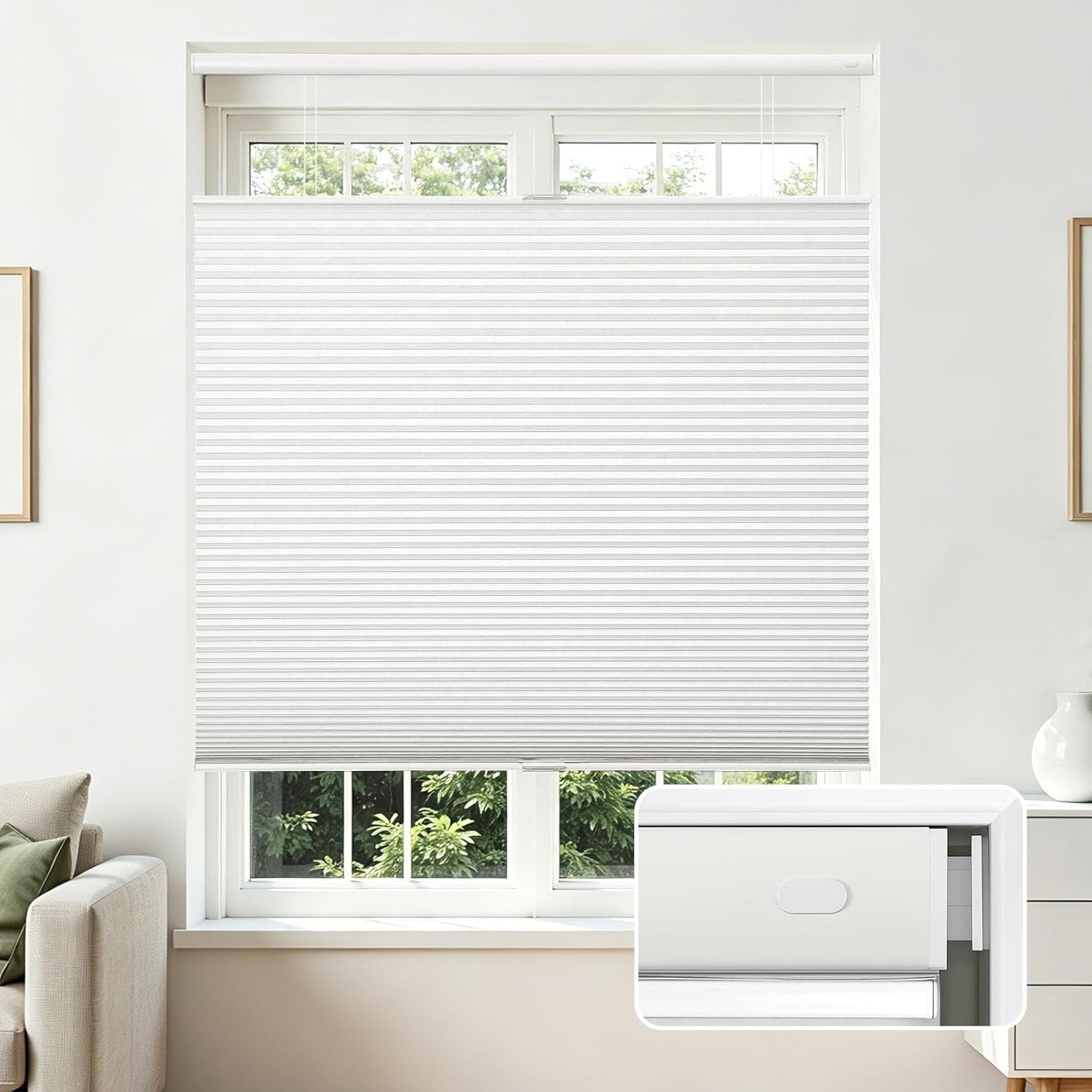 Detalle de Joydeco No Tools No Drill Cordless Top-Down Bottom-Up Cellular Blinds (White, 28" W x 64" H)