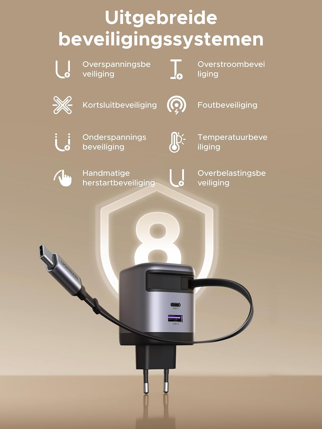 Thumbnail 6 de UGREEN Nexode 45W USB-C-lader met 69 cm intrekbare kabel en 3 poorten