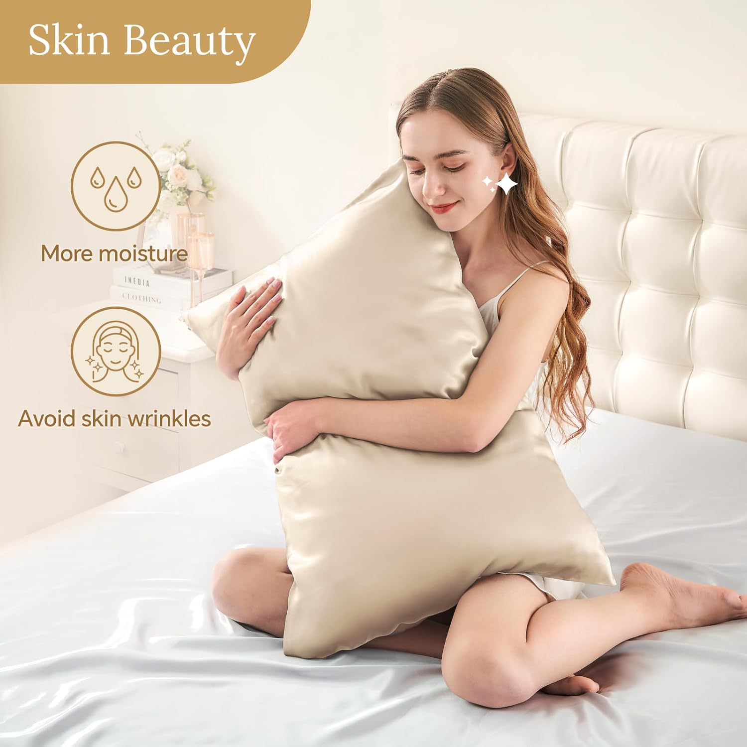 Thumbnail 3 de INFIIXSO Silk Pillow Cases (2-Pack) Standard Size, Mulberry Silk with Hidden Zipper (Beige, 20x26 Inches)