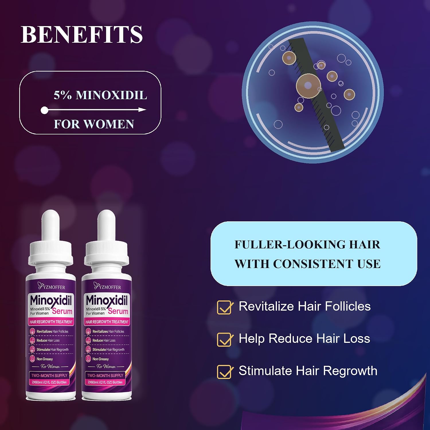 Detalle 2 de Yzmoffer 5% Minoxidil Hair Regrowth Treatment for Women, 2-Bottle Set