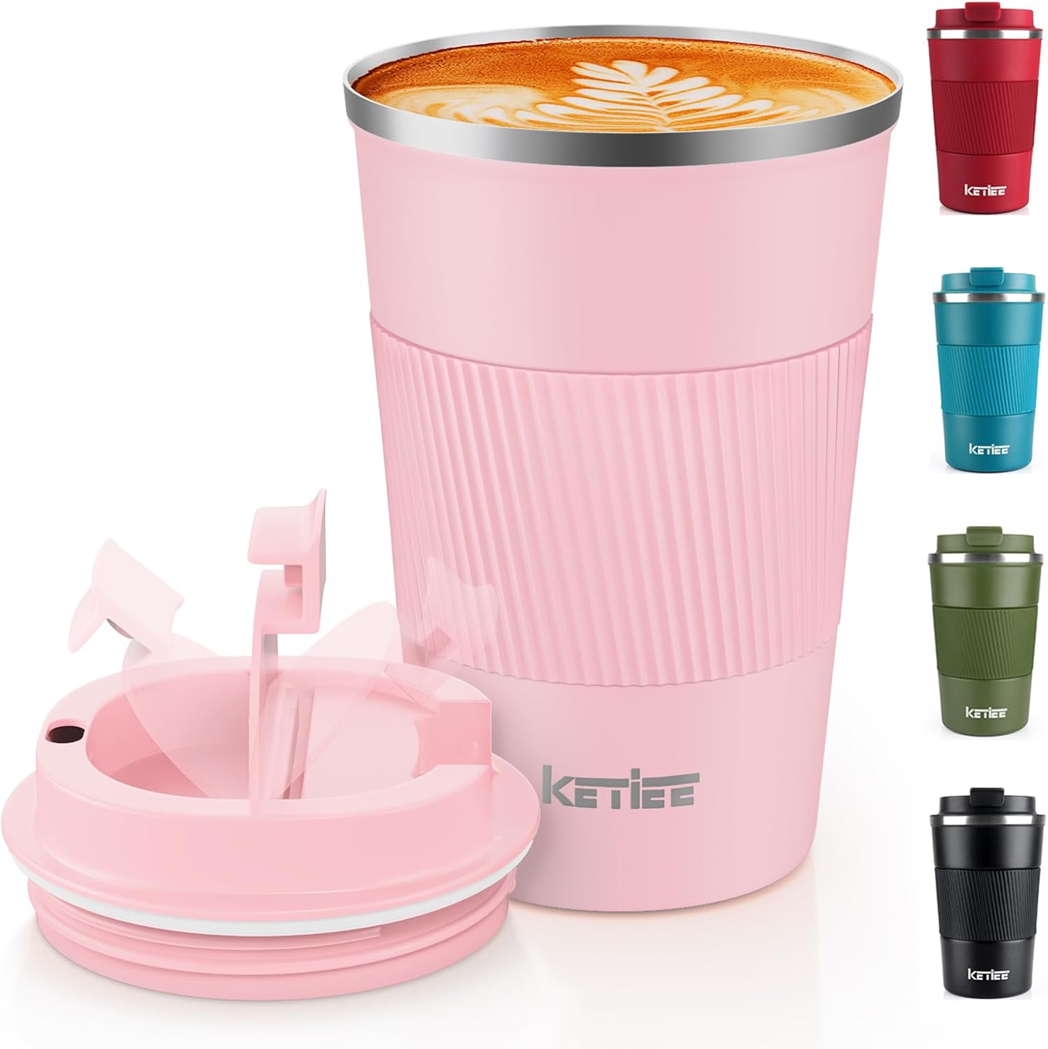 KETIEE Travel Mug Insulated 380ml Stainless Steel with Leakproof Lid (Pink)