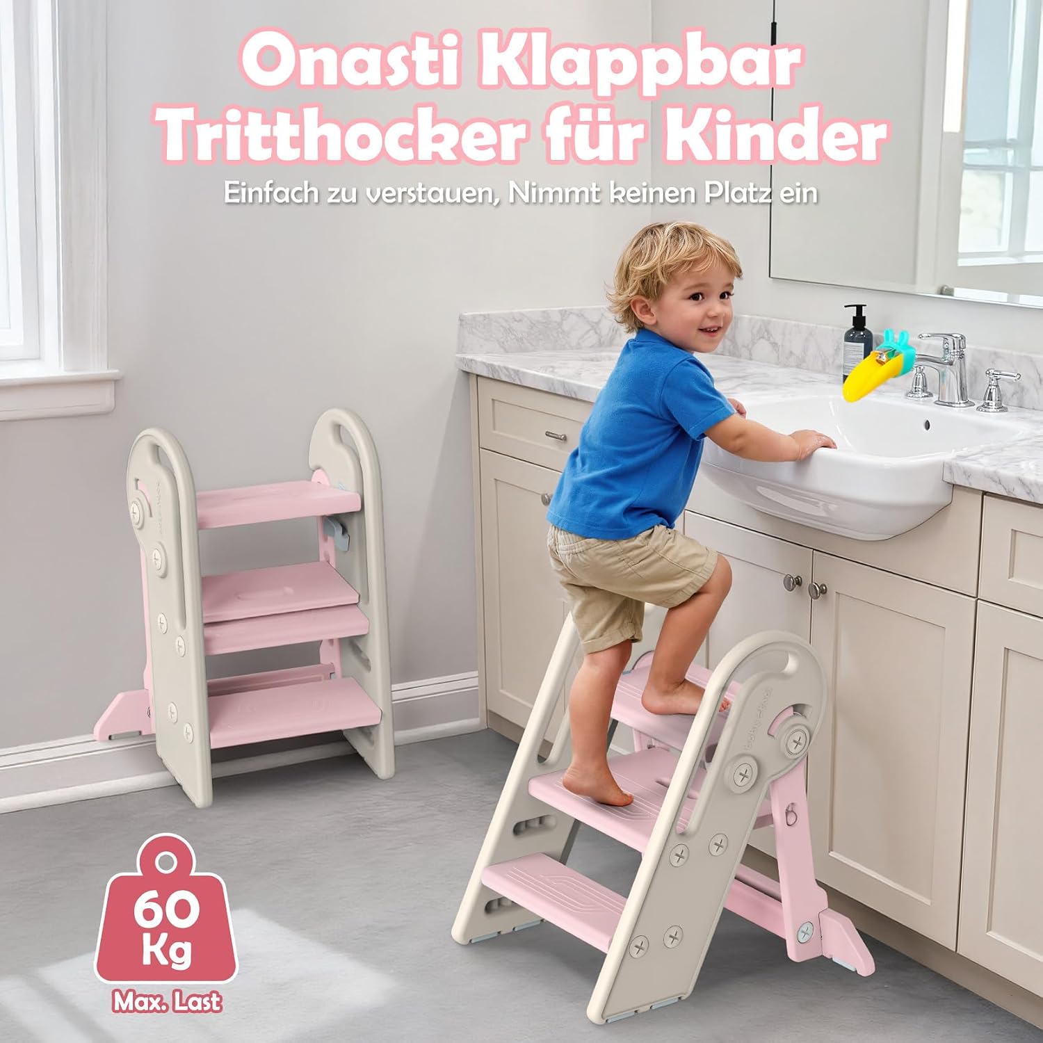 Detalle de Onasti Tritthocker Kinder – Höhenverstellbar, 3 Stufen, klappbar, Anti-Kipp, Rosa