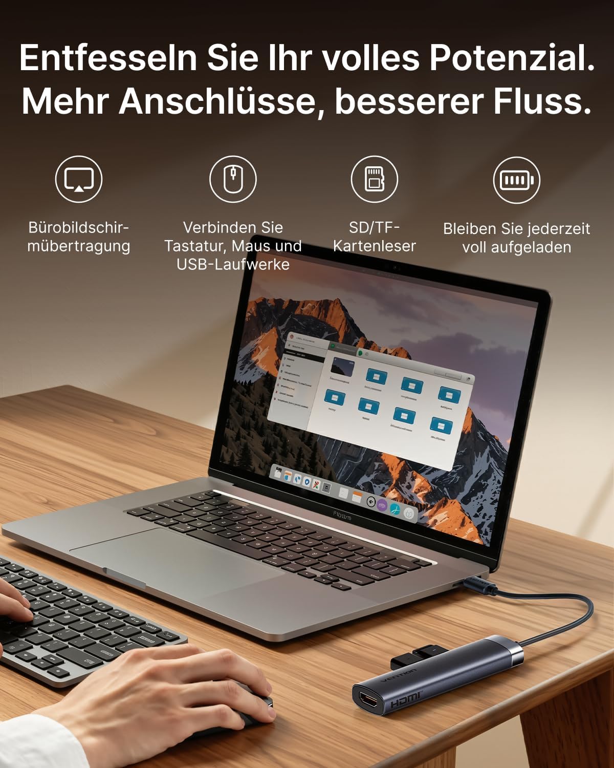 Thumbnail 6 de Vention USB-C Hub mit PD 100 W und 4K HDMI (6-in-1) – 2× USB-A 3.0, Kartenleser SD/TF, Datenport