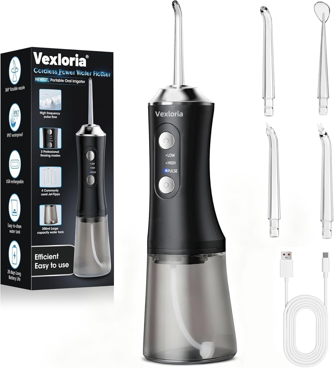 Detalle de Vexloria Cordless Water Flosser with 320ml Tank, 5 Modes, USB-Powered