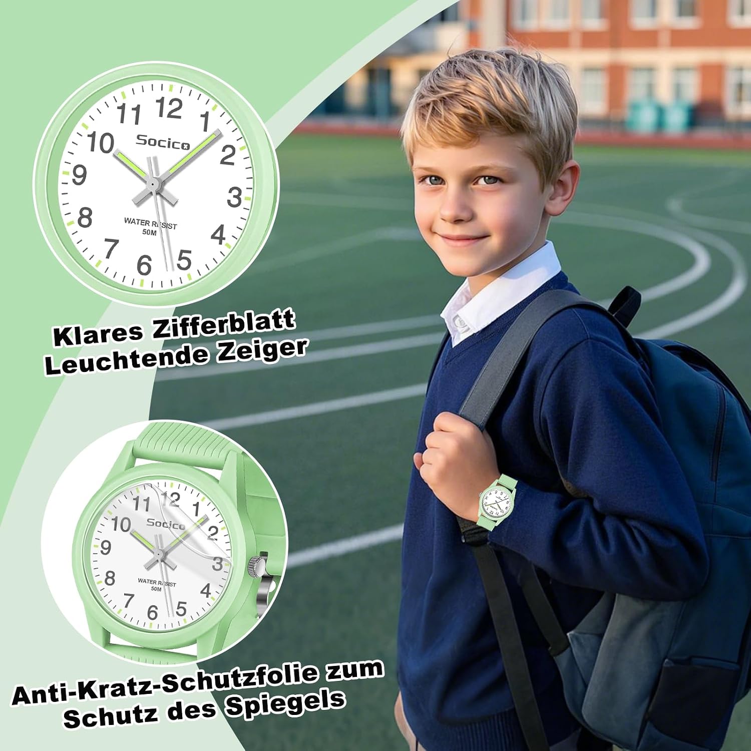 Detalle de SOCICO Kinder Uhr Analog Grün – Lernuhr für 4–12 Jahre, wasserdicht bis 50 m, weiches Band