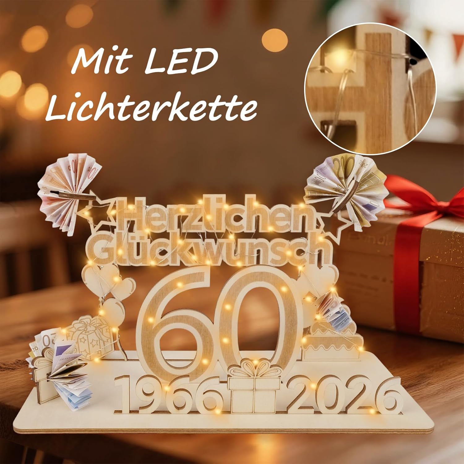 Detalle de ARTREE 60 Geldgeschenke zum 60. Geburtstag und Diamantene Hochzeit – personalisiertes Holzschild mit LED-Lichterkette und Gästebuch