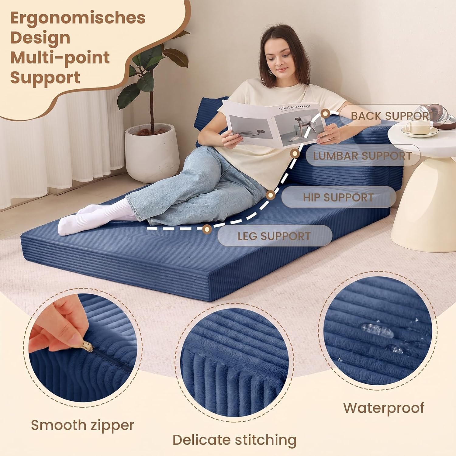 Thumbnail 2 de JUIKURY wzsfc-blue-queen Folding Sofa Bed, Blue Corduroy Convertible Chair