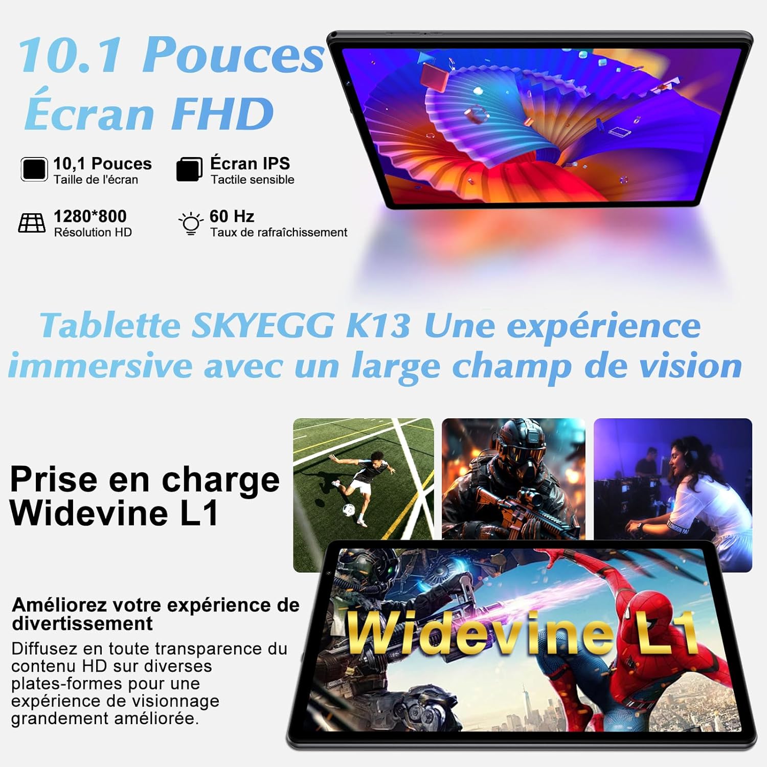 Detalle de Tablette Android 10 pouces K13: 20 Go RAM + 128 Go ROM, extensible jusqu’à 1 To, Wi‑Fi 6, Widevine L1, étui inclus