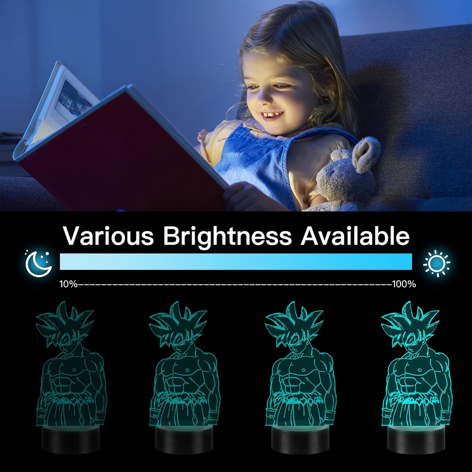 Detalle 2 de Eygerur Goku 3D LED Night Light with Remote & Touch — 7 Colours + 16 Colour Change, USB/Battery Powered