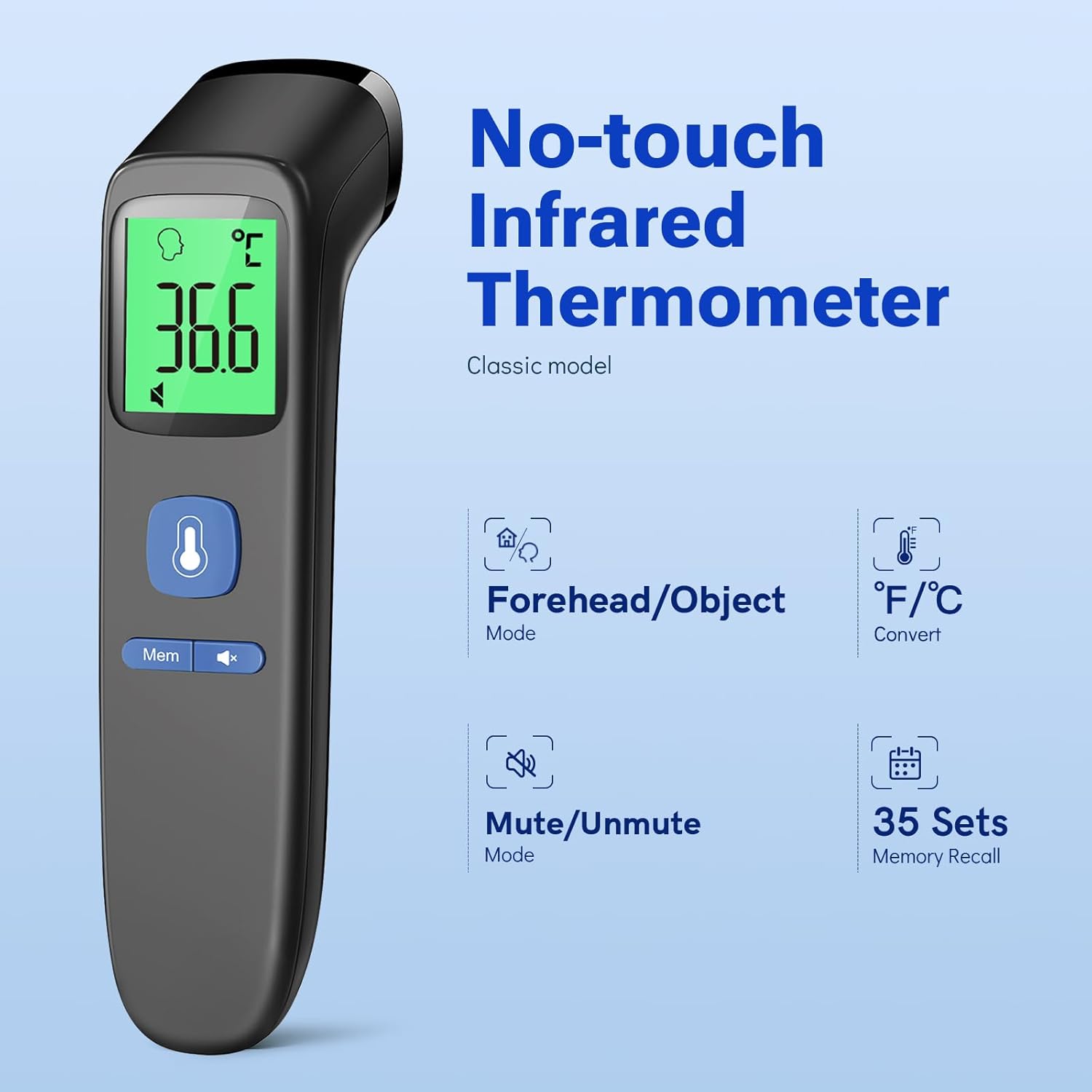 Thumbnail 1 de Infrared Thermometer for Adults and Kids – Non-Contact Forehead with Fever Alarm & Backlit LCD
