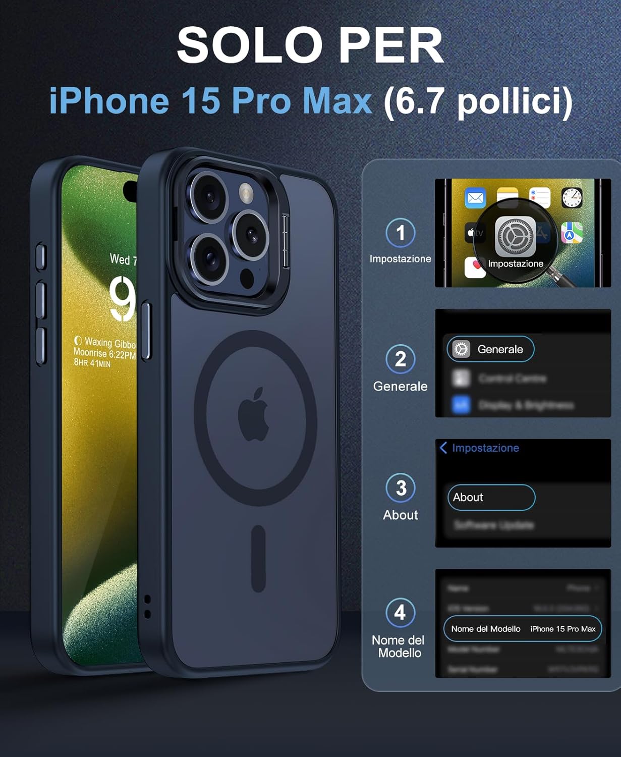 Detalle 2 de Beeasy Cover per iPhone 15 Pro Max MagSafe con Cavalletto e Pellicole in Vetro Temperato