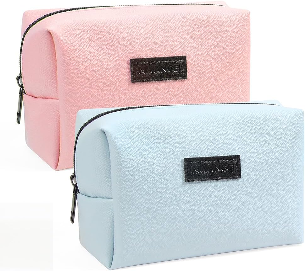Detalle de MAANGE 2-Piece Small Makeup Bag Set | PU Leather Travel Cosmetic Bags in Pink & Blue