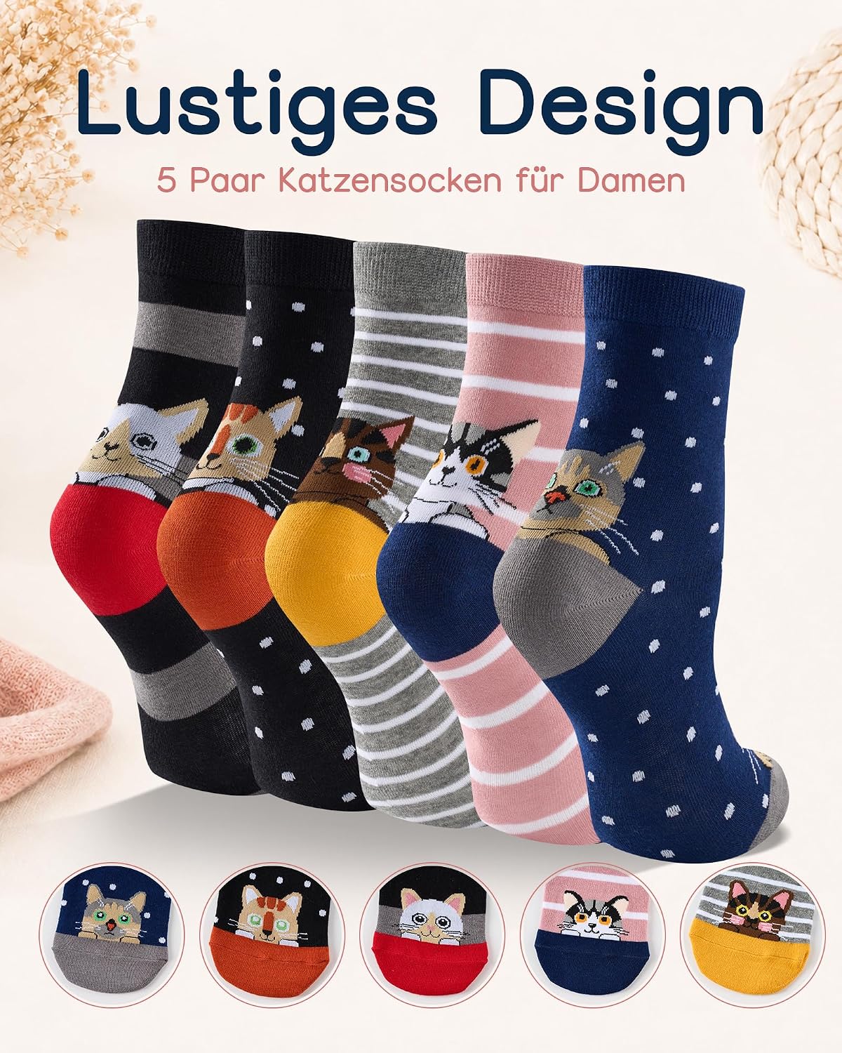 Thumbnail 1 de Veximora Women's Novelty Cat Socks, 5 Pairs, EU 35–42, 80% Cotton