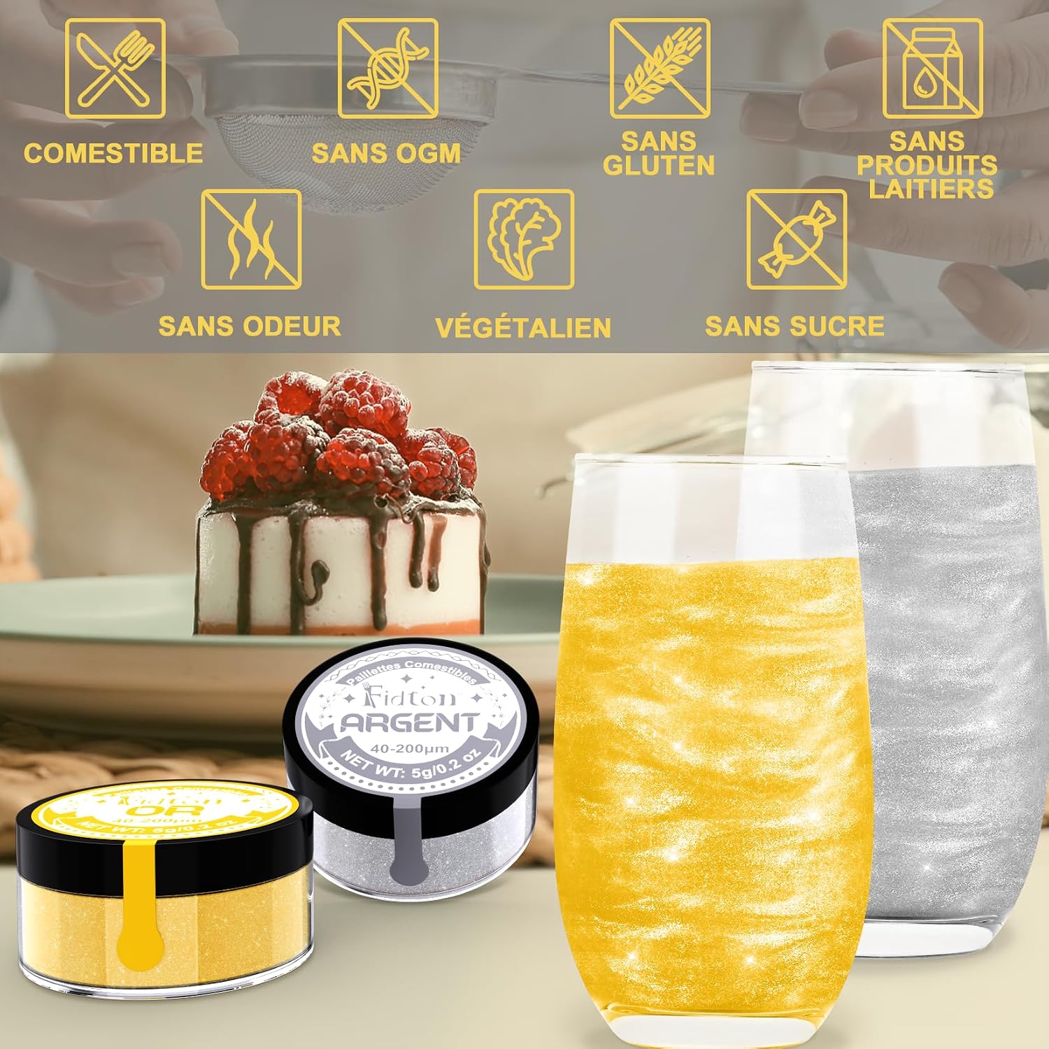 Detalle 2 de Paillettes Comestibles - Colorant Alimentaire Poudre 2 Couleurs Or et Argent (5 g chacun)