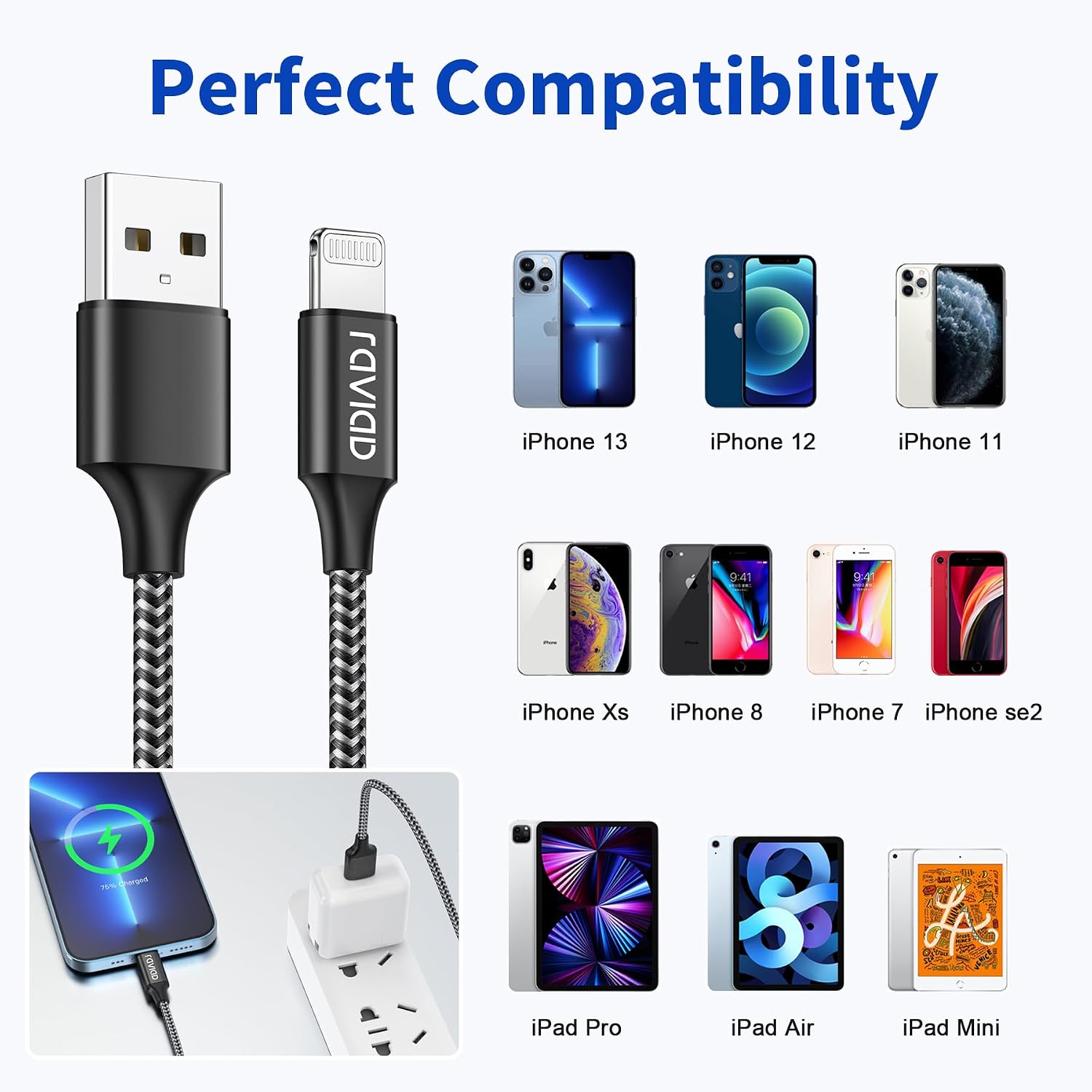 Thumbnail 6 de RAVIAD iPhone Kurz-Ladekabel 0,5 m – 2er Pack, MFi-zertifiziert, Nylon-Ummantelung, Lightning Kabel