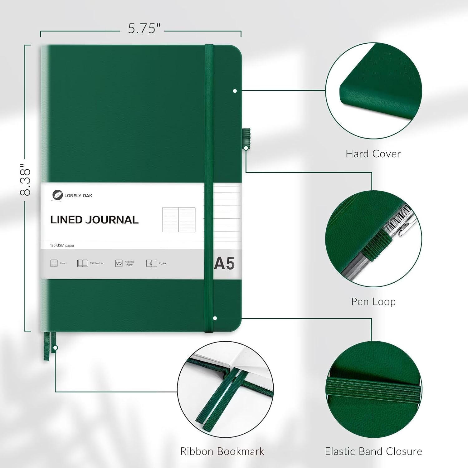 Thumbnail 5 de Lonely Oak Notizbuch A5 Liniert Hardcover – 160 Seiten, 120 g/m² Premiumpapier, Grün