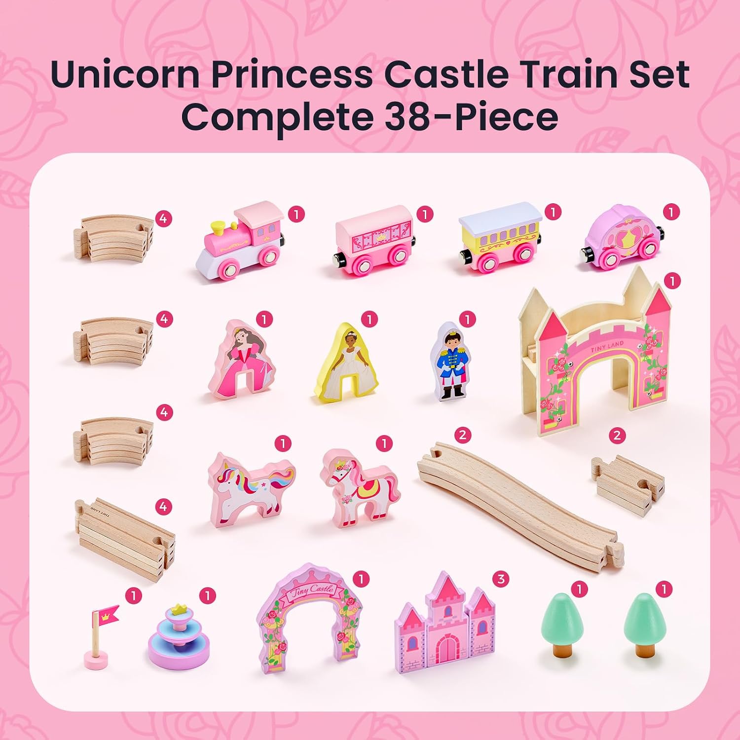 Thumbnail 4 de Tiny Land Unicorn Princess Wooden Train Set (38 Pieces) with Castle Bridge and Royal Accessories