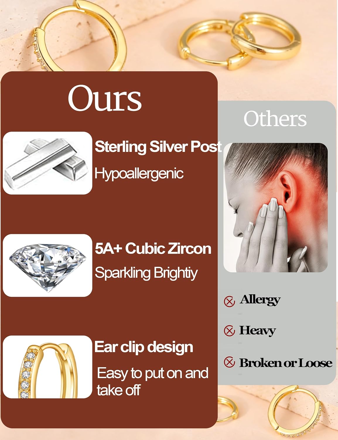 Detalle de JEMARA Gold Hoops Earrings – 5 Pairs of 14K Gold Plated Hypoallergenic Small Hoops