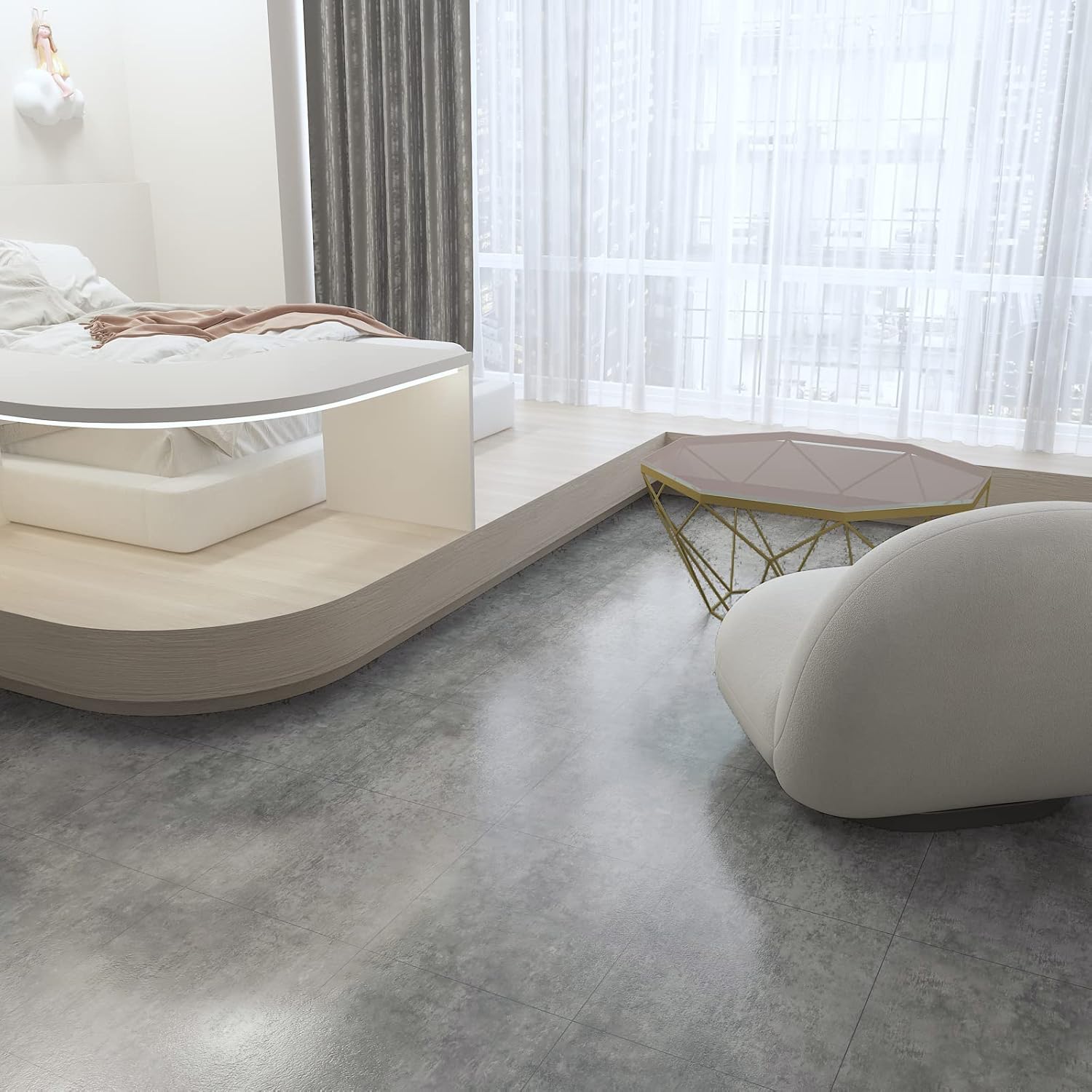 Thumbnail 1 de VEELIKE Self-Adhesive Floor Tiles: Concrete Effect Vintage Grey 30x30cm (24 Tiles)