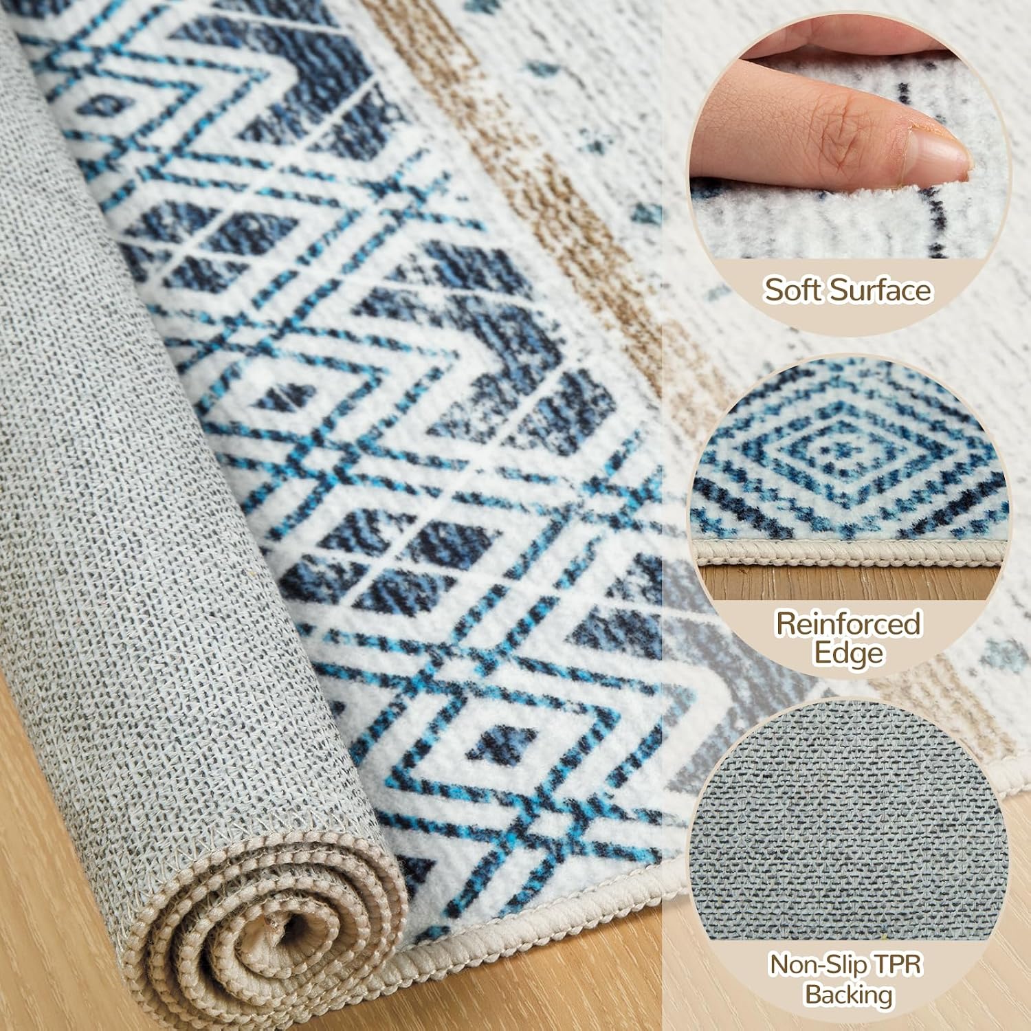 Thumbnail 2 de BESTSWEETIE 8x10 Geometry Series Rug: Washable, Non-Slip, Neutral Blue/Brown