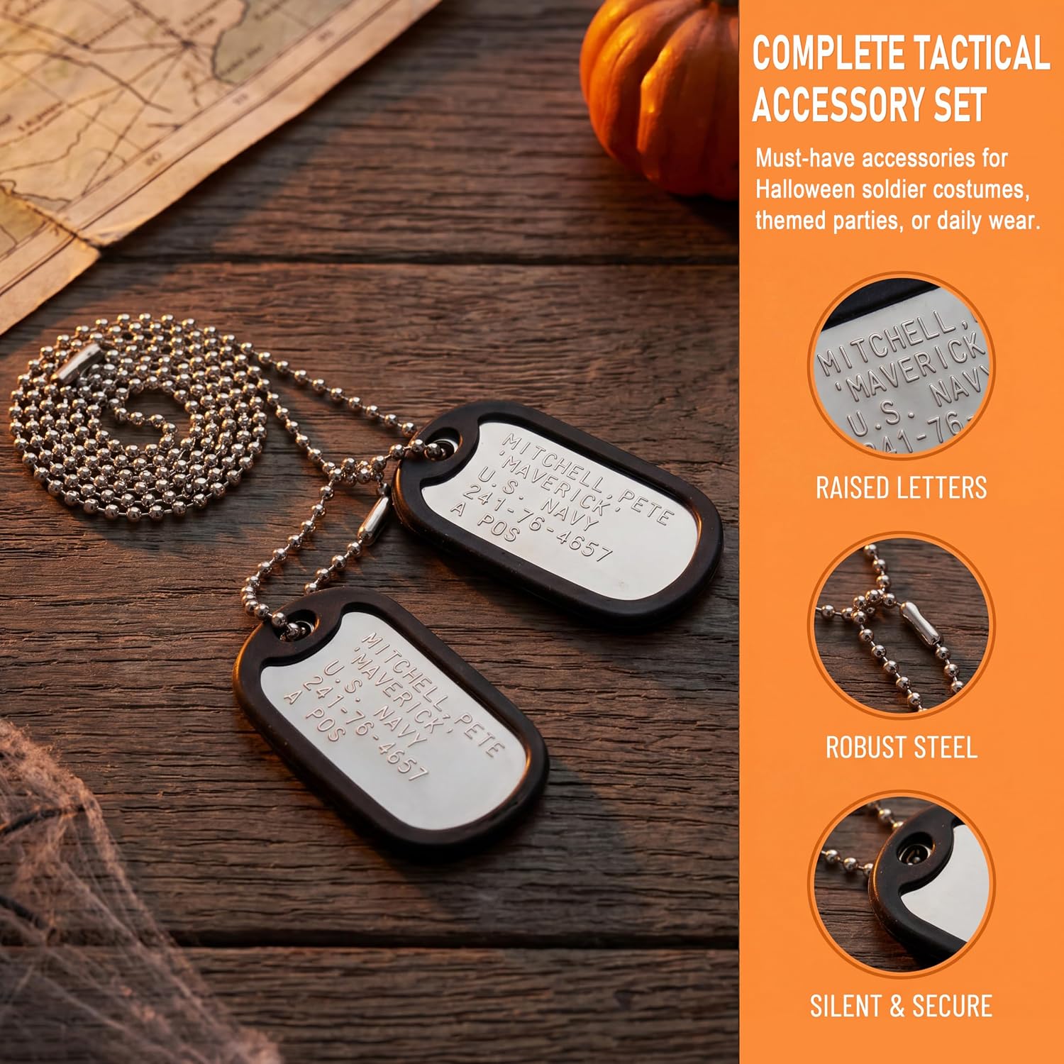 Detalle de BVVDVR LMUWECNO-1 Military Dog Tag Necklace Set with Steel Chains