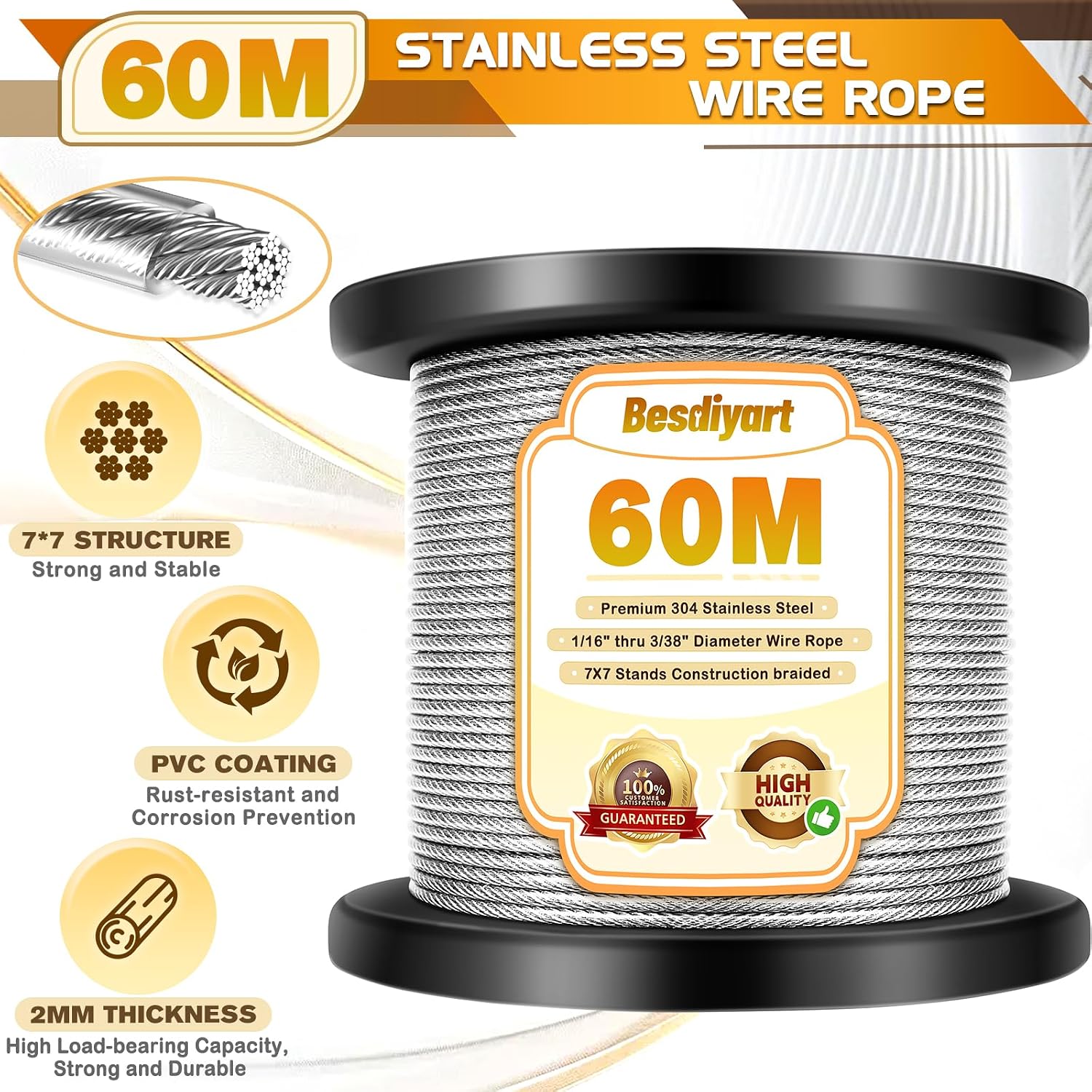 Thumbnail 2 de 94-piece 304 Stainless Steel Wire Rope Kit (PVC Coated) with M4 Turnbuckles – 60m Garden Wire