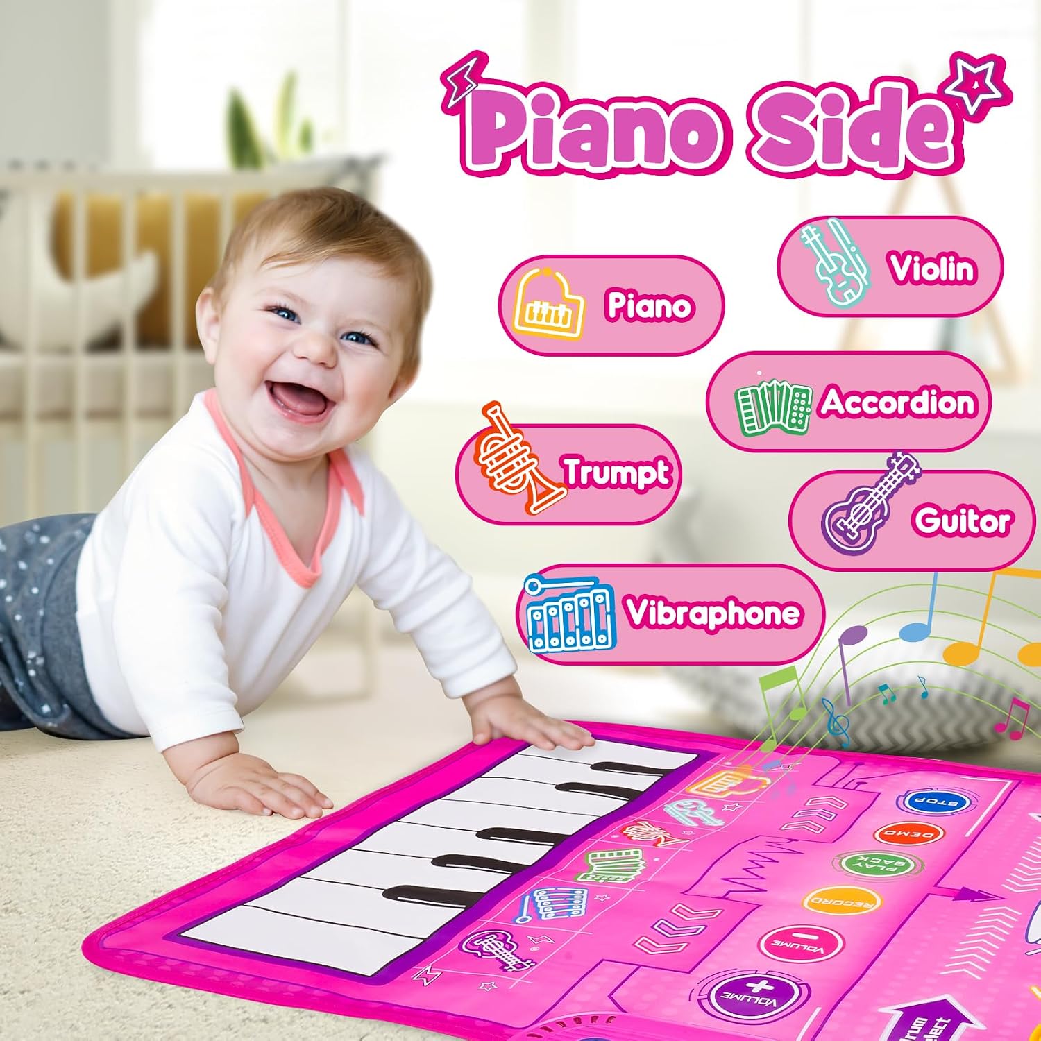 Detalle de Gralal 2-in-1 Pink Musical Mat for 1–2 Year Old Girls: Piano, Drums and Recording in One Playful Mat
