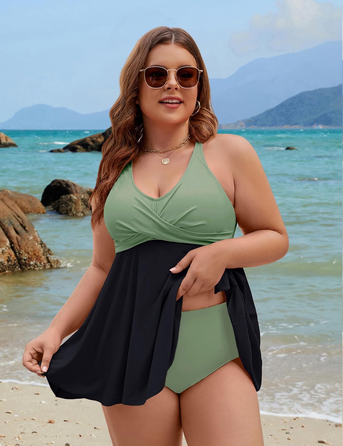 Detalle de Edelqual Women's Plus Size Tankini Swimsuit with Tummy Control - Two-Piece Swim Dress and Shorts