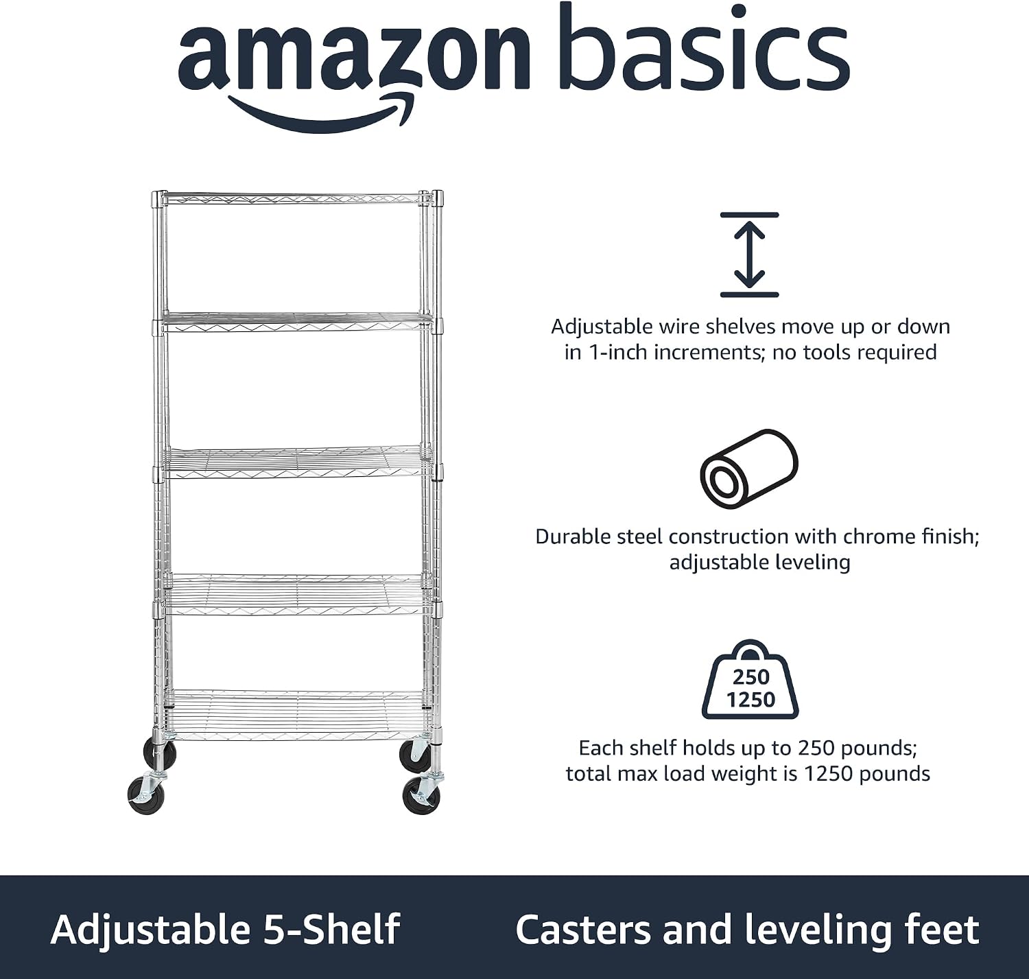 Detalle 2 de Amazon Basics regał metalowy z 5 półkami na kółkach, regulowana wysokość, chrom