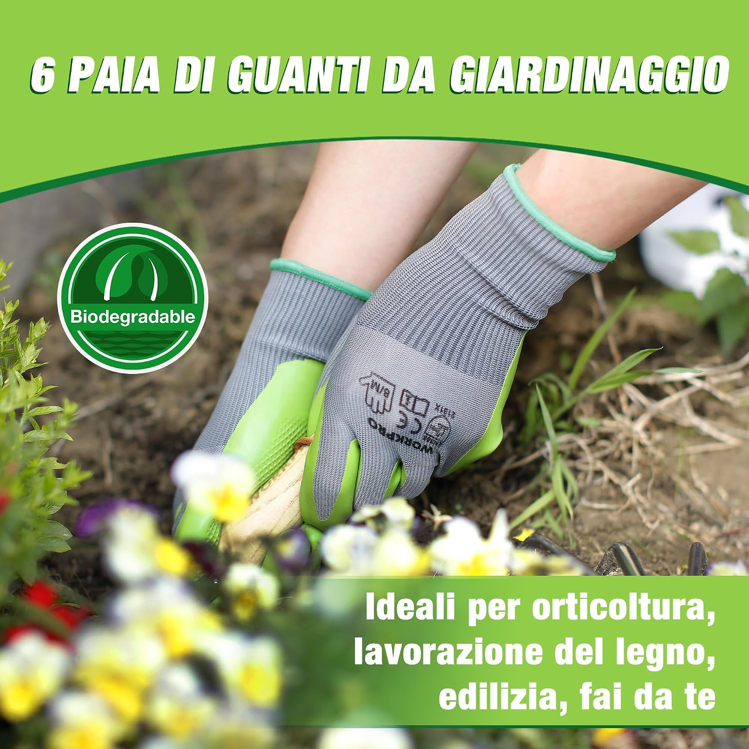 Detalle de WORKPRO 6 Paia di Guanti da Giardinaggio con Rivestimento in Lattice Ecologico – Taglia M
