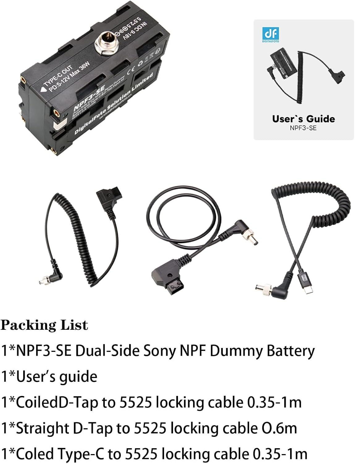Thumbnail 6 de NPF3-SE NP-F Dummy Battery with USB-C and D-Tap Input | 5525 Cable Compatibility for LED Lights and Monitors