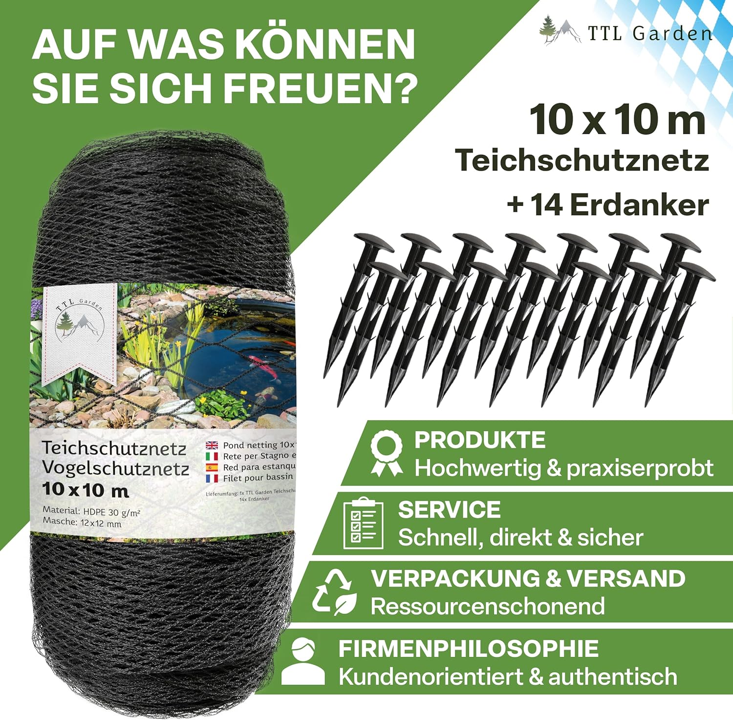 Thumbnail 6 de TTL GARDEN 10x10 m Teichnetz Vogelschutznetz schwarz, 30 g/m², 12x12 mm HDPE – inkl. 14 Bodenanker