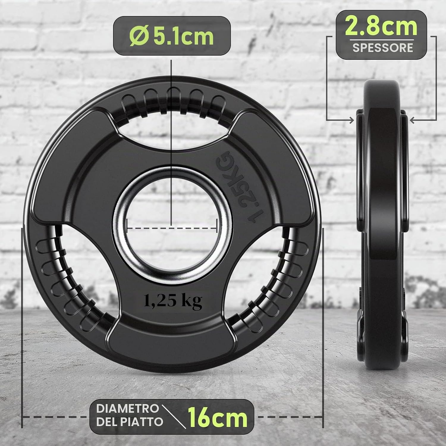 Detalle de PhysKcal Dischi Olimpici in Gomma Ø50 mm, 1,25–25 kg, Tri-Grip – Piastra per Bilanciere & Manubri