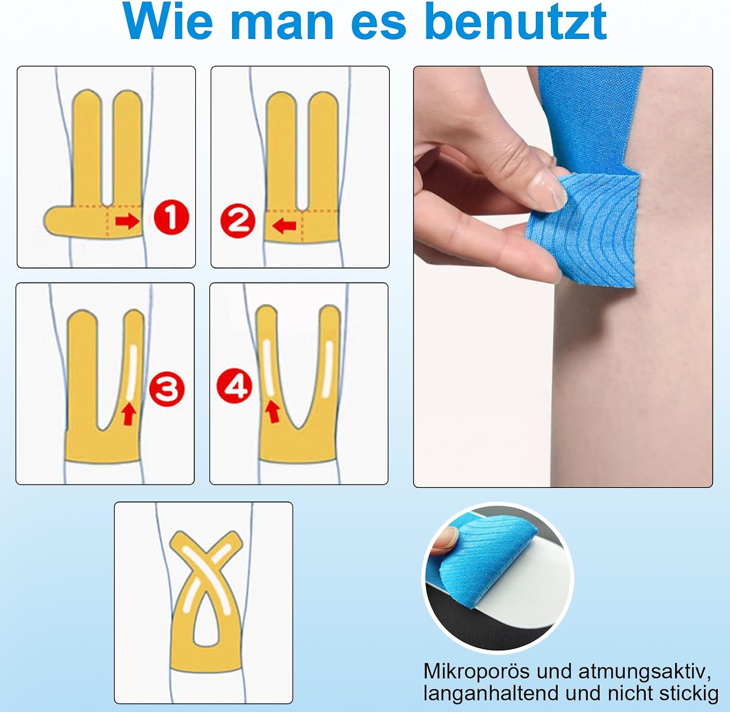 Detalle 2 de NEUJUS Knie Tape Vorgeschnitten – 12 Streifen Kinesio Tape für Knie, elastisch, hautfreundlich, stark haftend