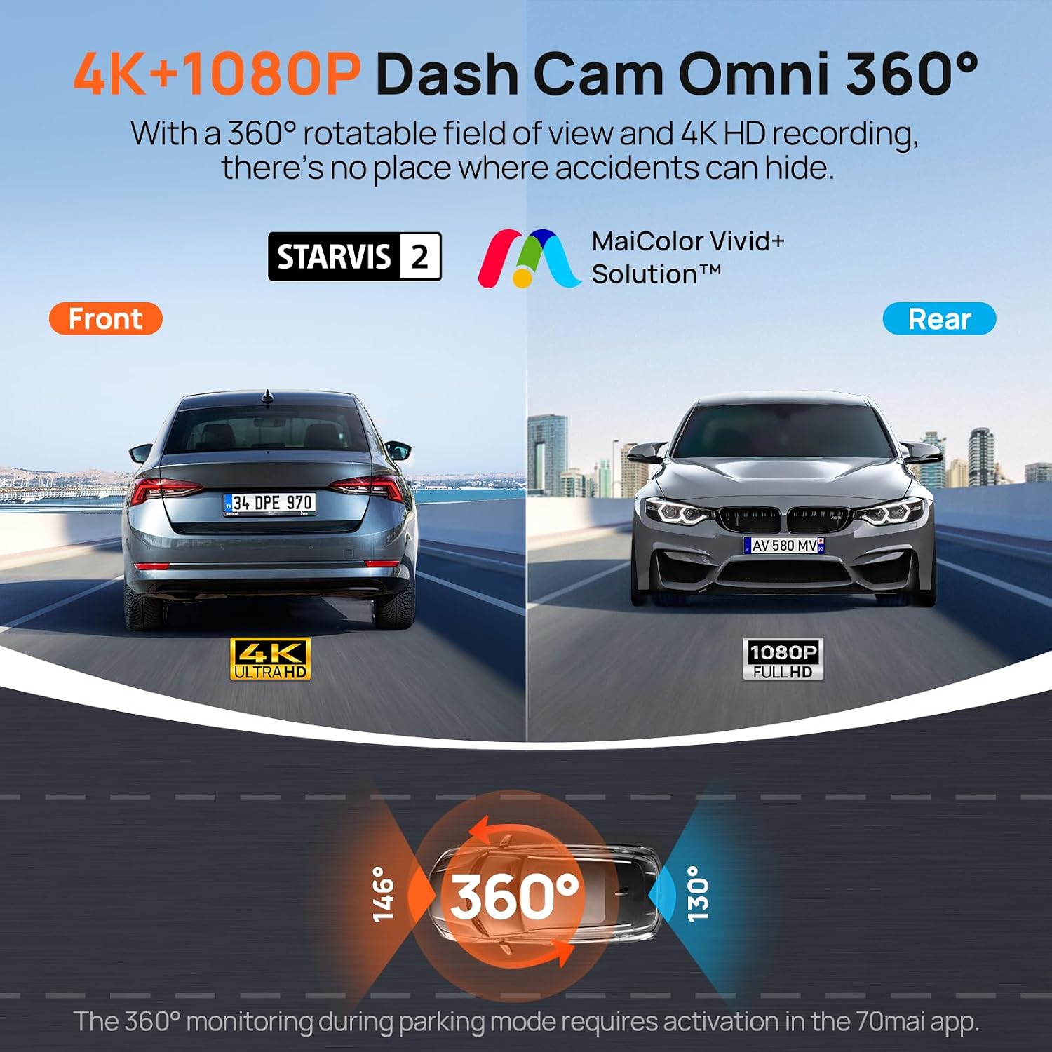 Thumbnail 1 de 70mai Dash Cam 4K Omni (Front Rear) with 4G LTE, STARVIS 2 night vision and 128GB microSD