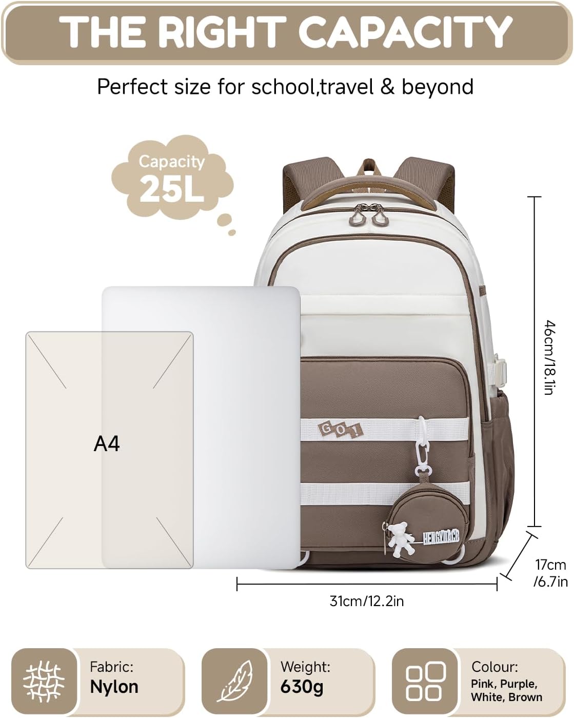 Detalle 2 de Amythe Sac à Dos Filles Primaire et Collège – Cartable imperméable 15,6", 25 L, Marron