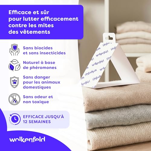 Detalle de Wolkenfeld Anti Mites Textiles pour Armoire et Vêtements avec Phéromone – 8 Pièges Adhésifs, Laine et Cachemire Protégés