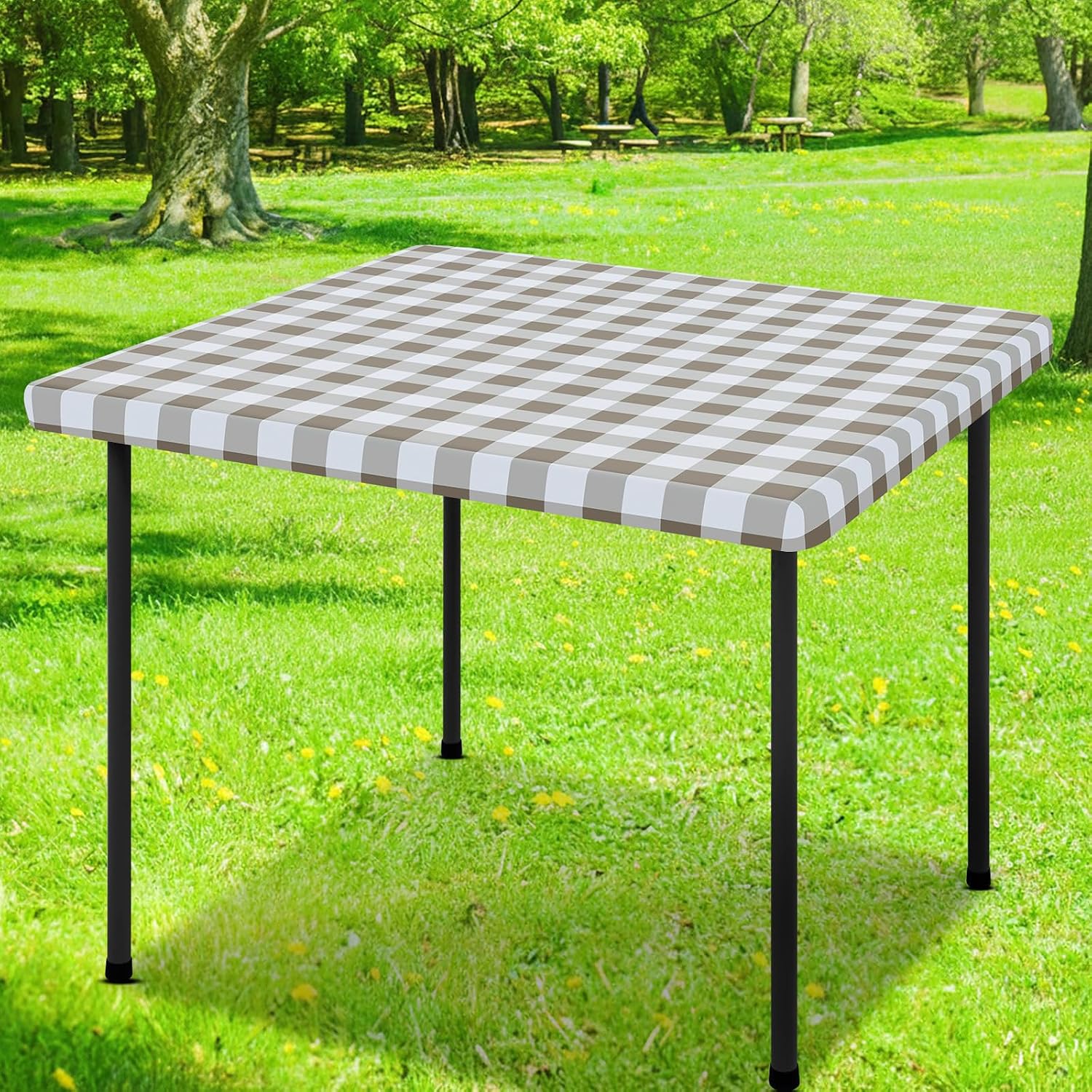 Detalle de Smiry Square Picnic Table Cloth, Elastic Waterproof Fitted Vinyl with Flannel Backing – 54" x 54" (White/Khaki)