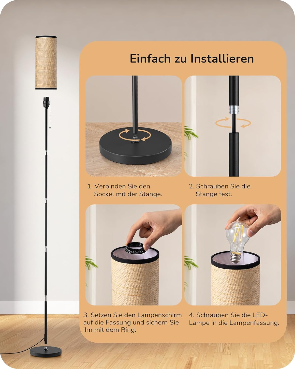Thumbnail 6 de EDISHINE Stehlampe Wohnzimmer – Moderne Stehleuchte mit Schwarz Glasfaser-Schirm & Marmorsockel, E27, 6W LED, 2700K