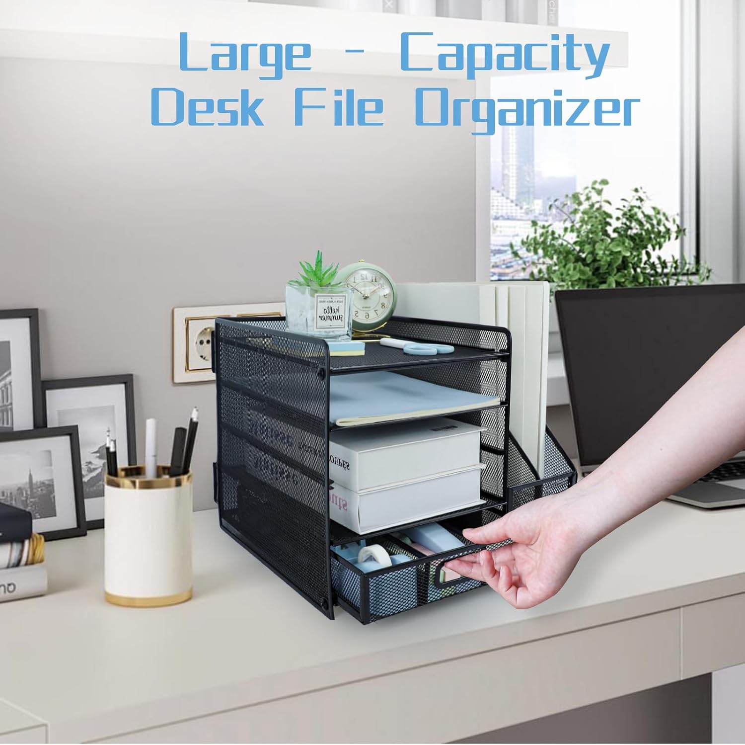 Thumbnail 6 de HIHOBDAY 5-Tier Desk File Organiser with Extra Vertical File Sorter (Black)