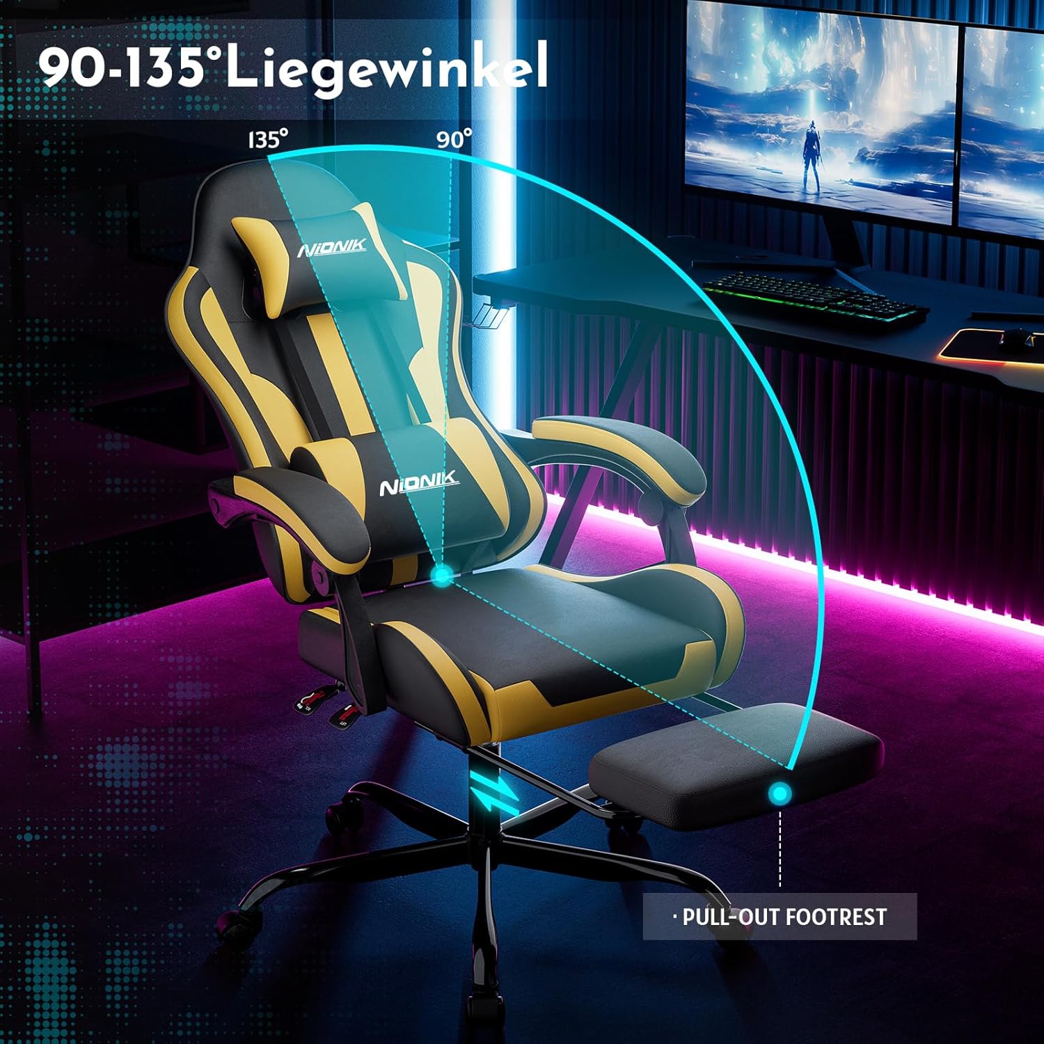 Thumbnail 1 de NIONIK Ergonomischer Gaming-Stuhl mit Fußstütze – Verstellbarer Computerstuhl mit Kopfstütze, Lendenwirbelstütze & Höheneinstellung (Orange BY)