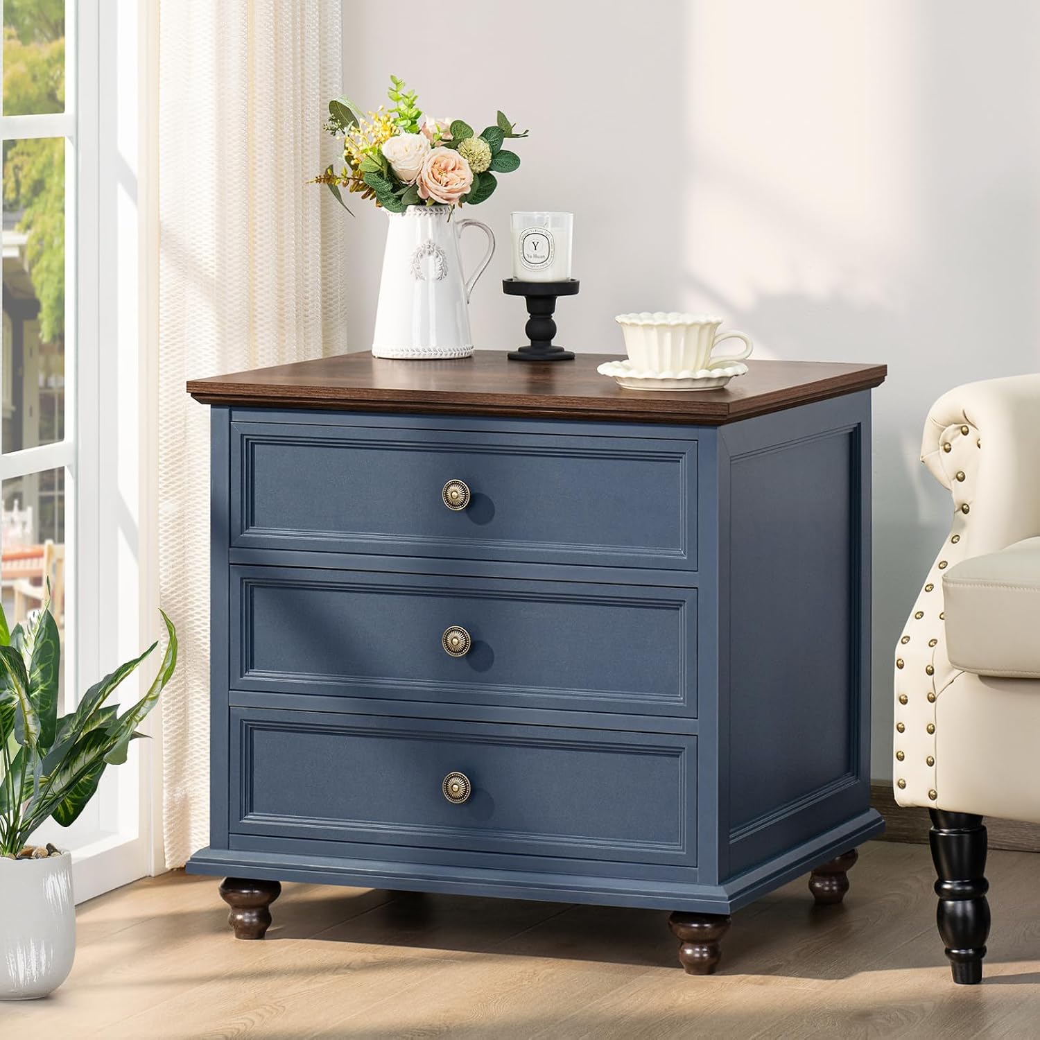 Detalle 2 de Joaxswe Model 1 Farmhouse Nightstand Set of 2, Navy Blue, 3 Drawers