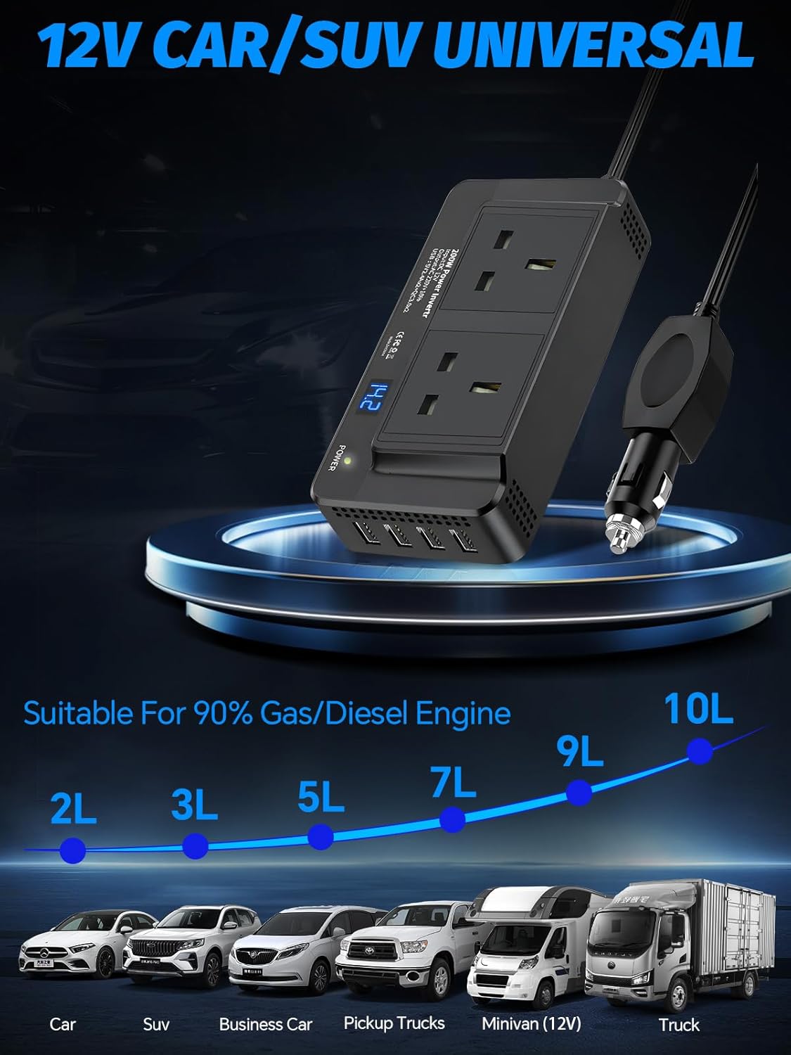 Thumbnail 5 de Defvnsy 200W power inverter with 2 sockets and 4 USB ports 🔌