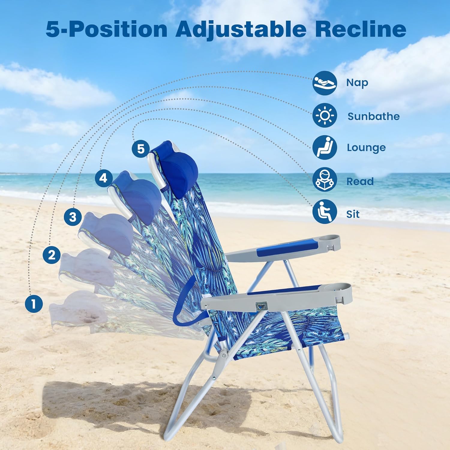 Detalle 2 de SUNNYFEEL 17" Tall Oversized Beach Chairs (2-Pack) with 5-Position Recline, Heavy-Duty 500 LBS Capacity