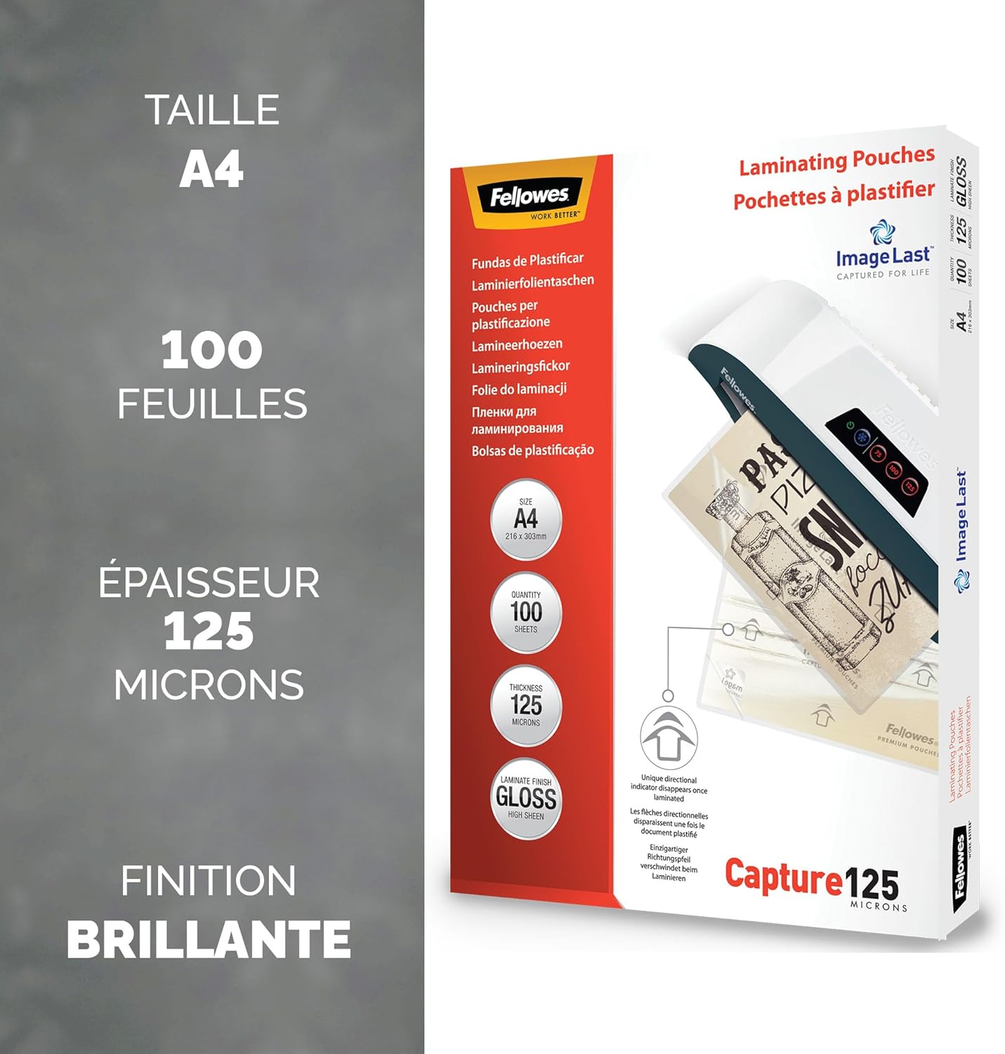 Thumbnail 1 de Fellowes Pochette de plastification A4 125 microns — Pack de 100 feuilles brillantes, ImageLast