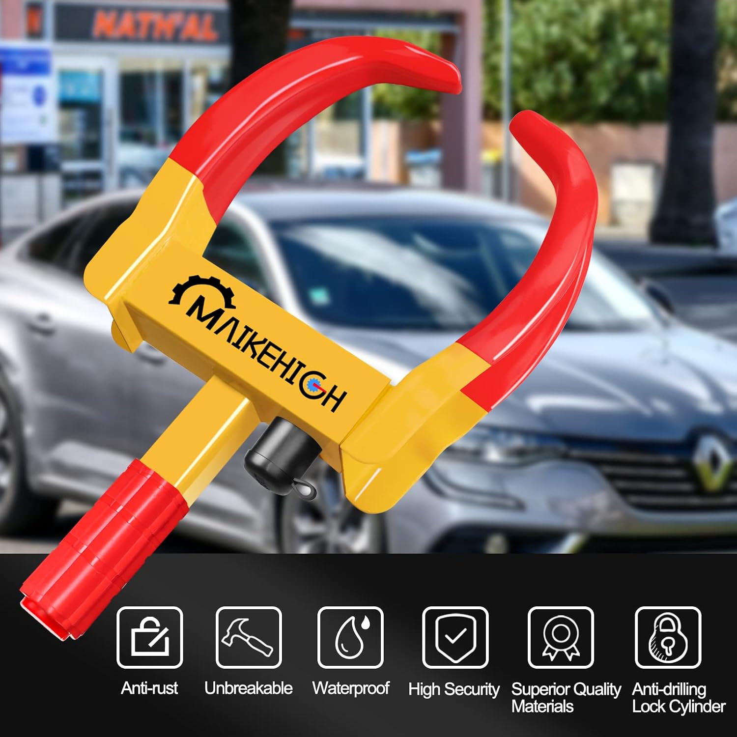 Detalle 2 de MAIKEHIGH Sabot antivol de roue réglable (2 à 12,2 pouces) avec 3 clés pour voiture, caravane, remorque