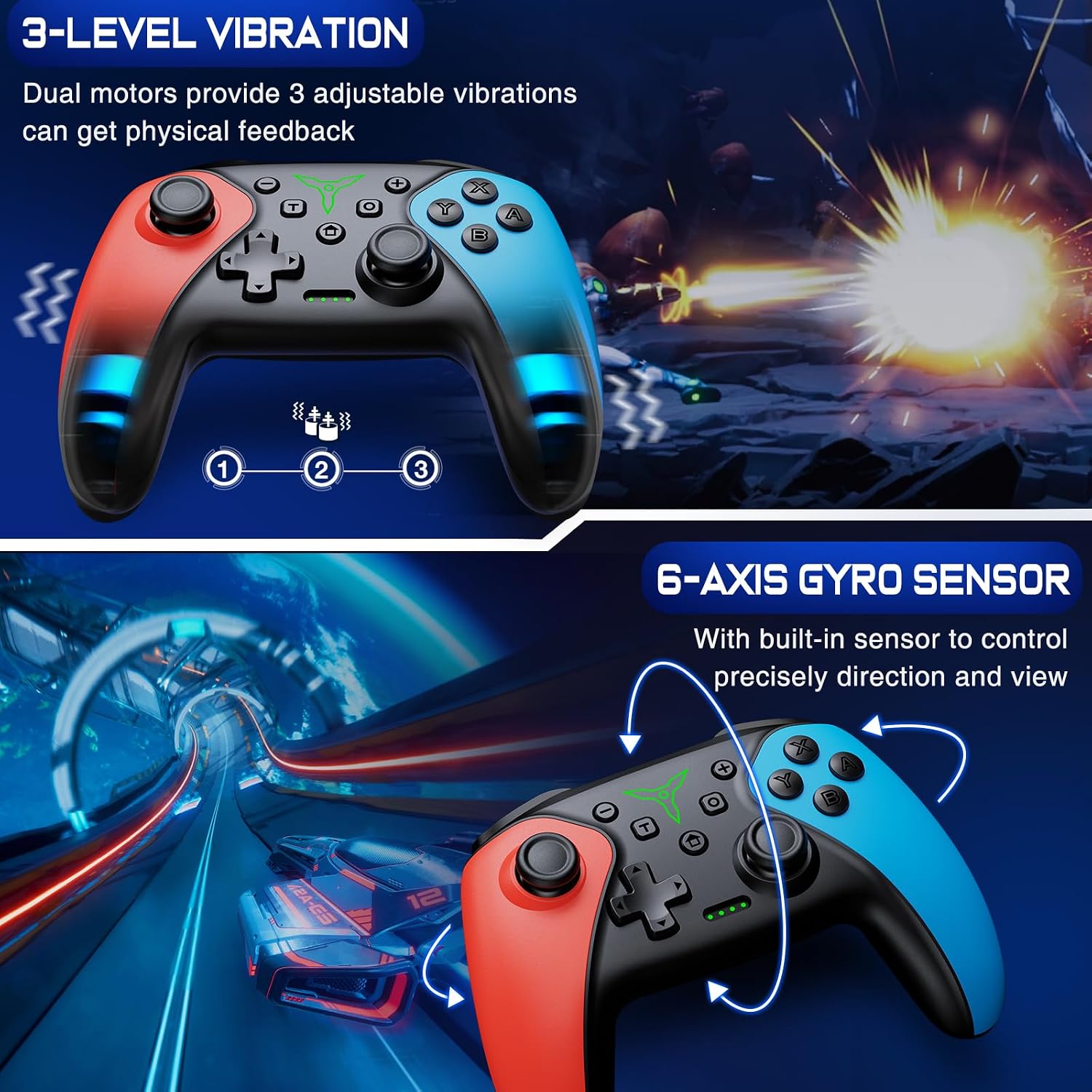 Detalle de 2pcs Wireless Switch Controllers with Stands – Pro Controller Style, Turbo, Back Buttons & 1000mAh Battery