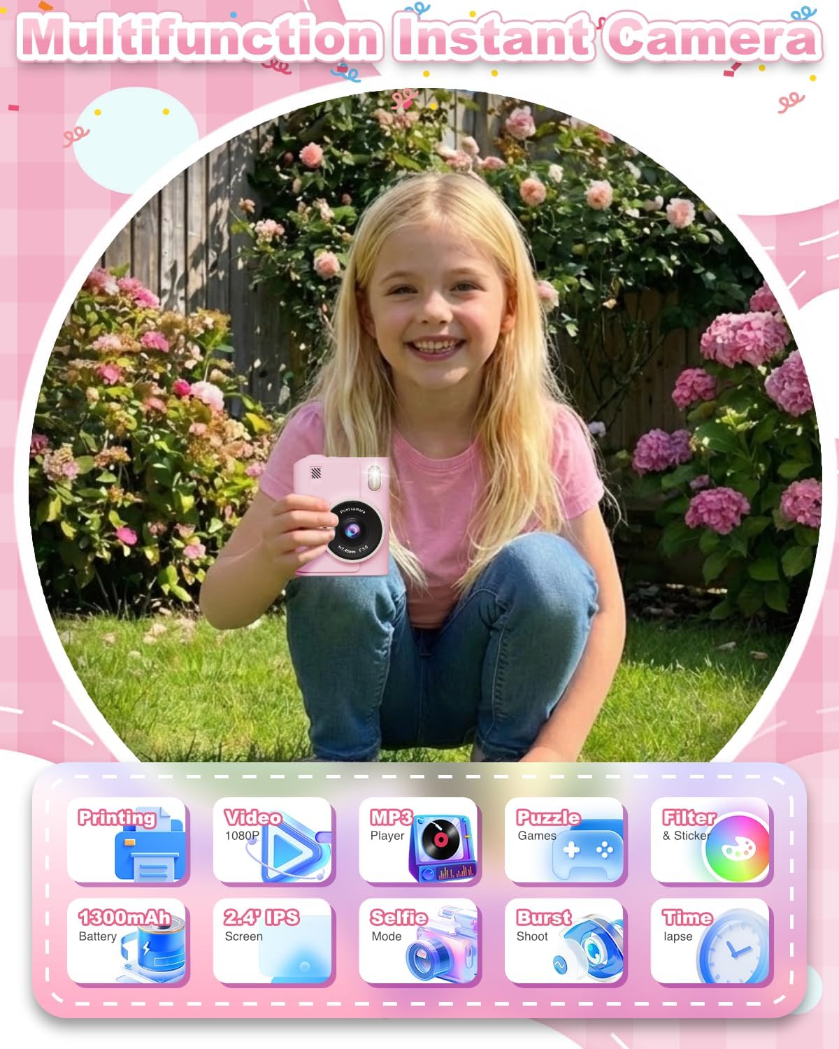 Thumbnail 1 de Instant Print Camera for Kids (1080P) — Portable Instant Digital Print Camera for Ages 4–10, Pink