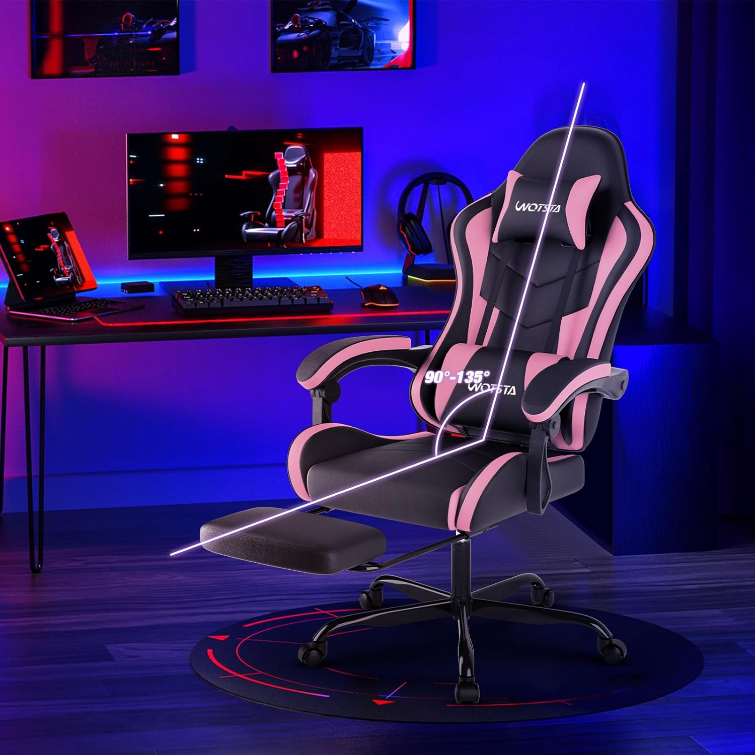 Thumbnail 1 de WOTSTA Gaming Chair with Footrest – Ergonomic PC Chair with Lumbar Support, Head Rest and 360° Swivel (Black Pink)